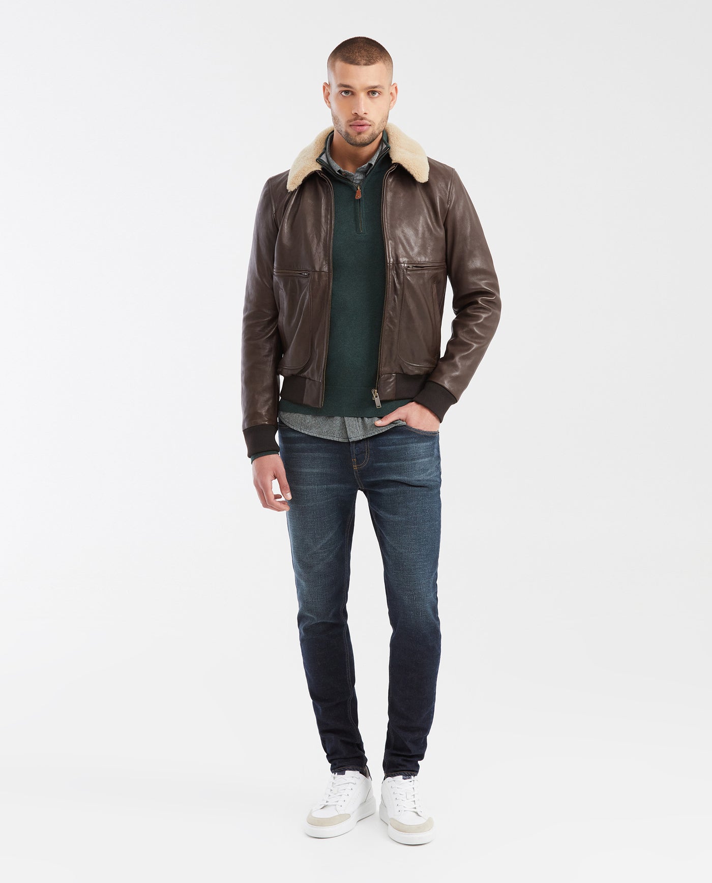 Men's Aviator Biker Jacket Removable Sherpa Collar - 2