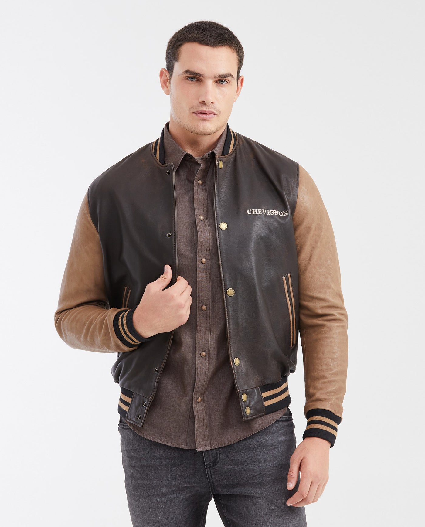 Men's Contrast Sleeve Bomber Jacket Lambskin Embroidered - 1