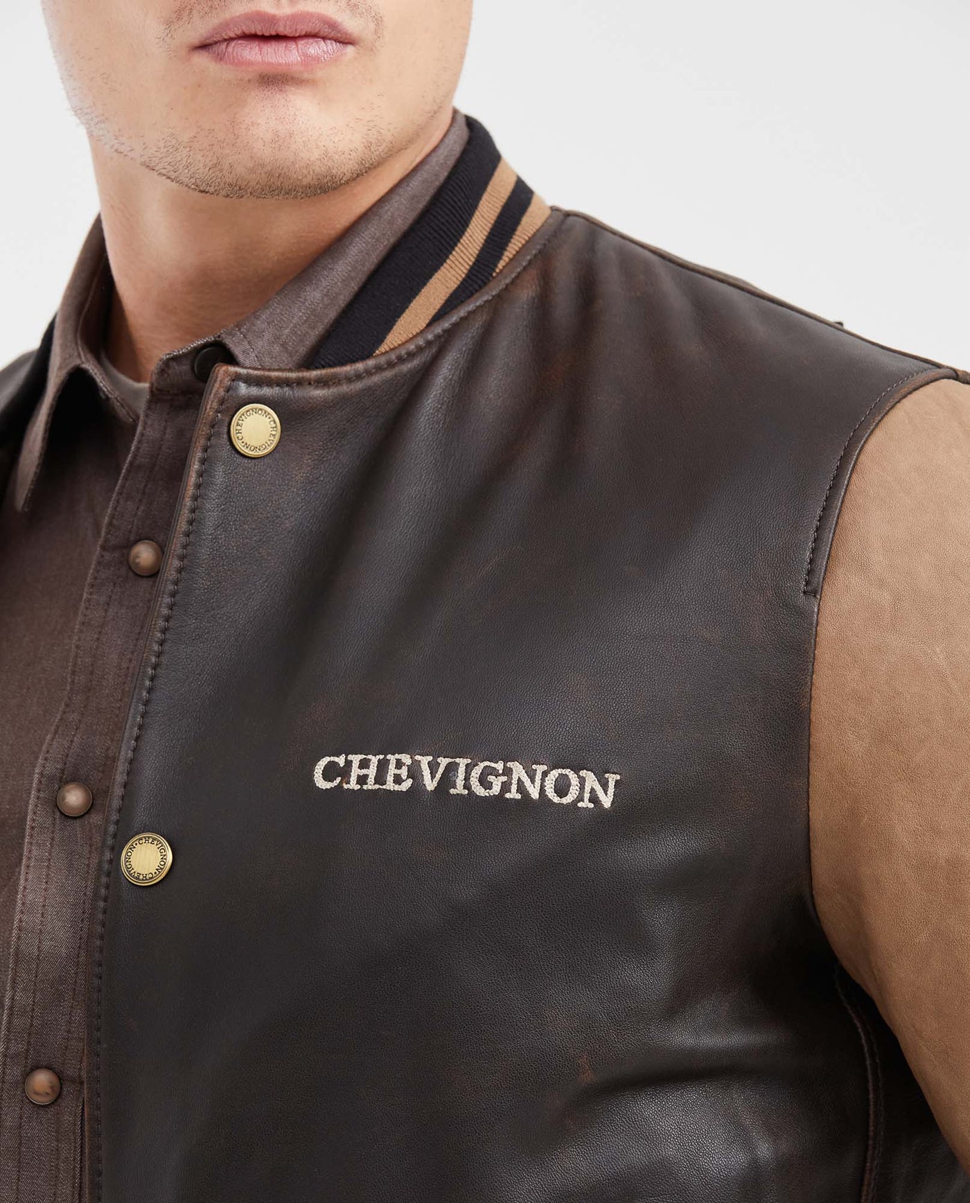 Men's Contrast Sleeve Bomber Jacket Lambskin Embroidered - 3
