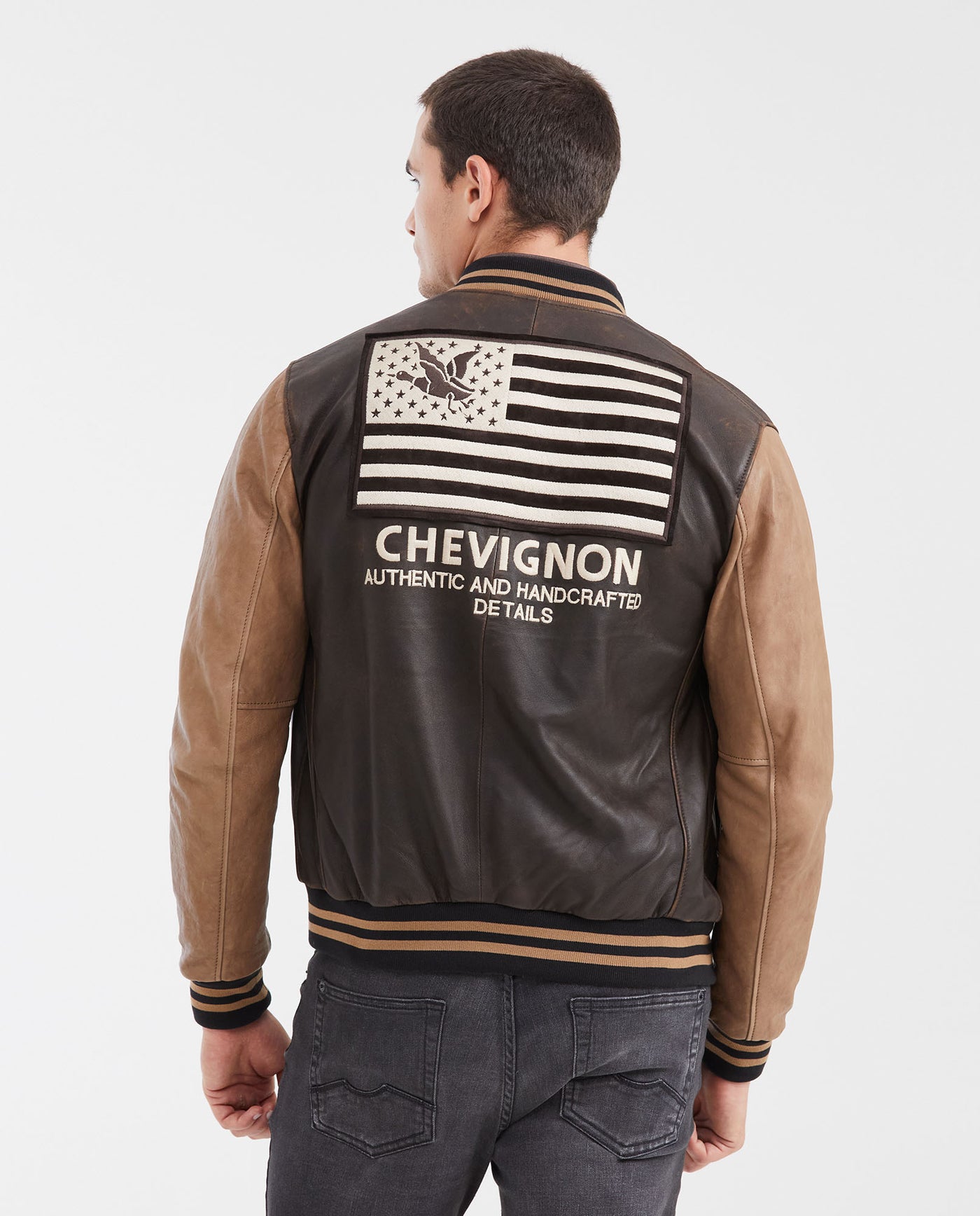 Men's Contrast Sleeve Bomber Jacket Lambskin Embroidered - 6