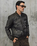 Men's Embroidered Sheepskin Leather Bomber Jacket - Brown