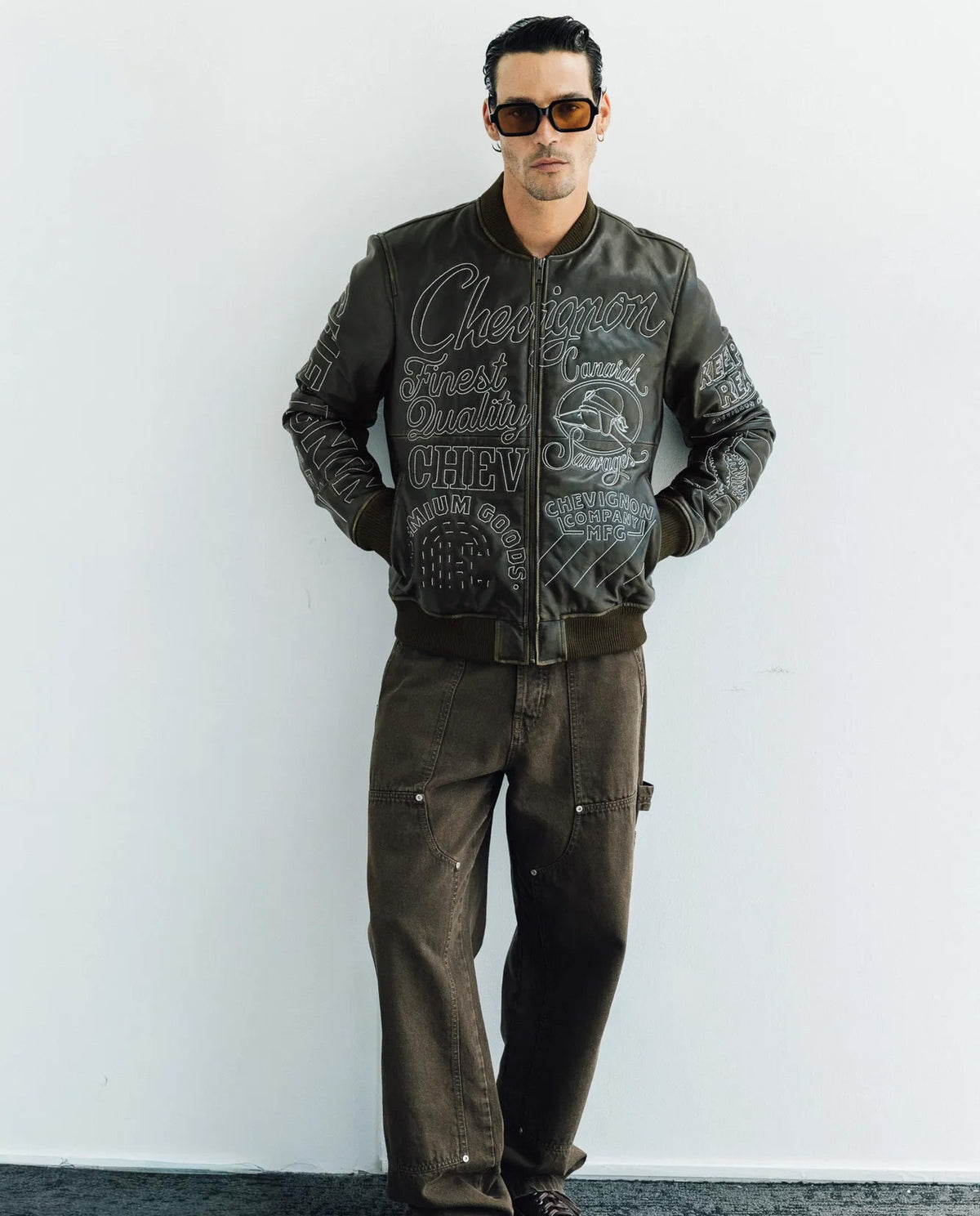 Men's Embroidered Sheepskin Leather Bomber Jacket - Brown 63_627H504_CAF191101_0