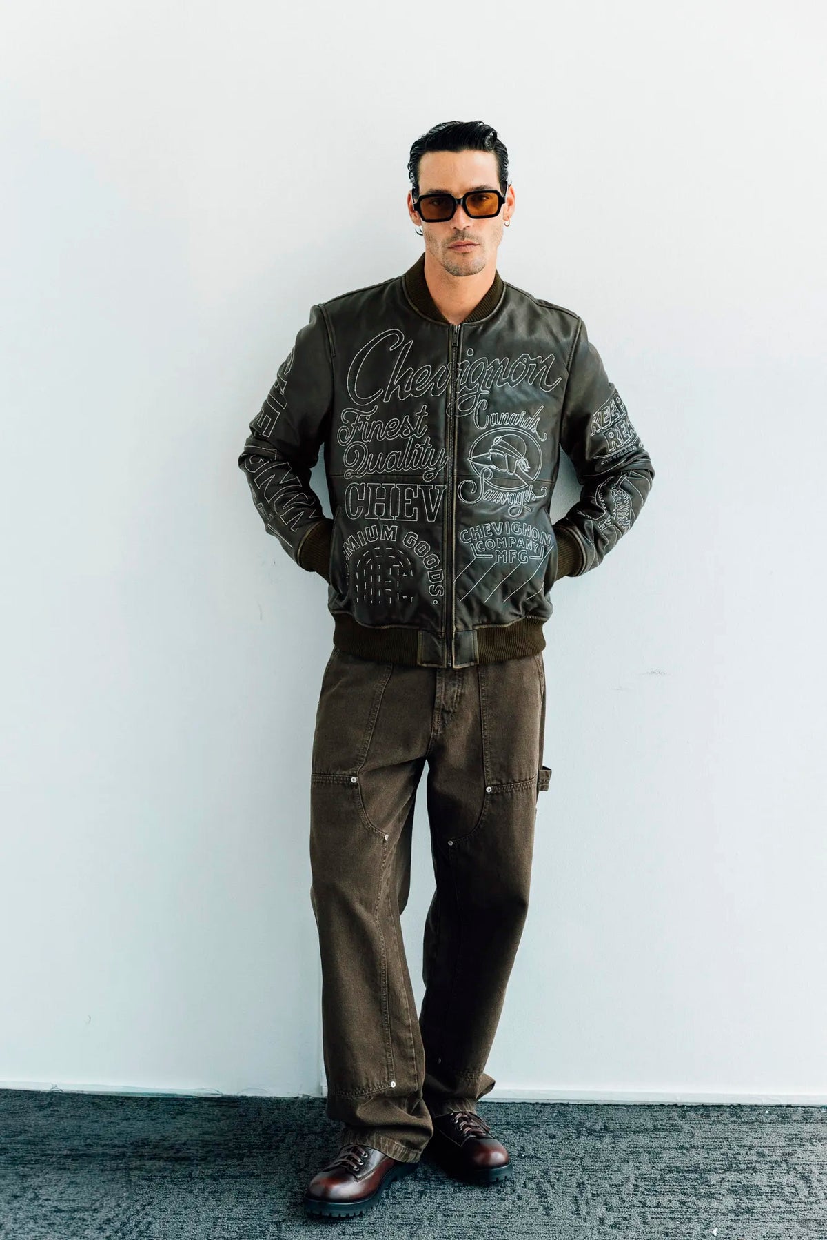 Men's Embroidered Sheepskin Leather Bomber Jacket - Brown 63_627H504_CAF191101_3