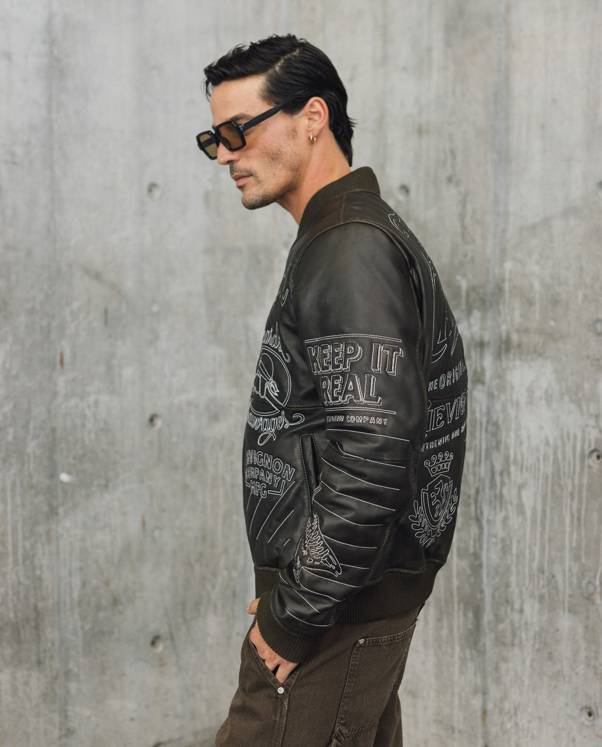 Men's Embroidered Sheepskin Leather Bomber Jacket - Brown 63_627H504_CAF191101_5