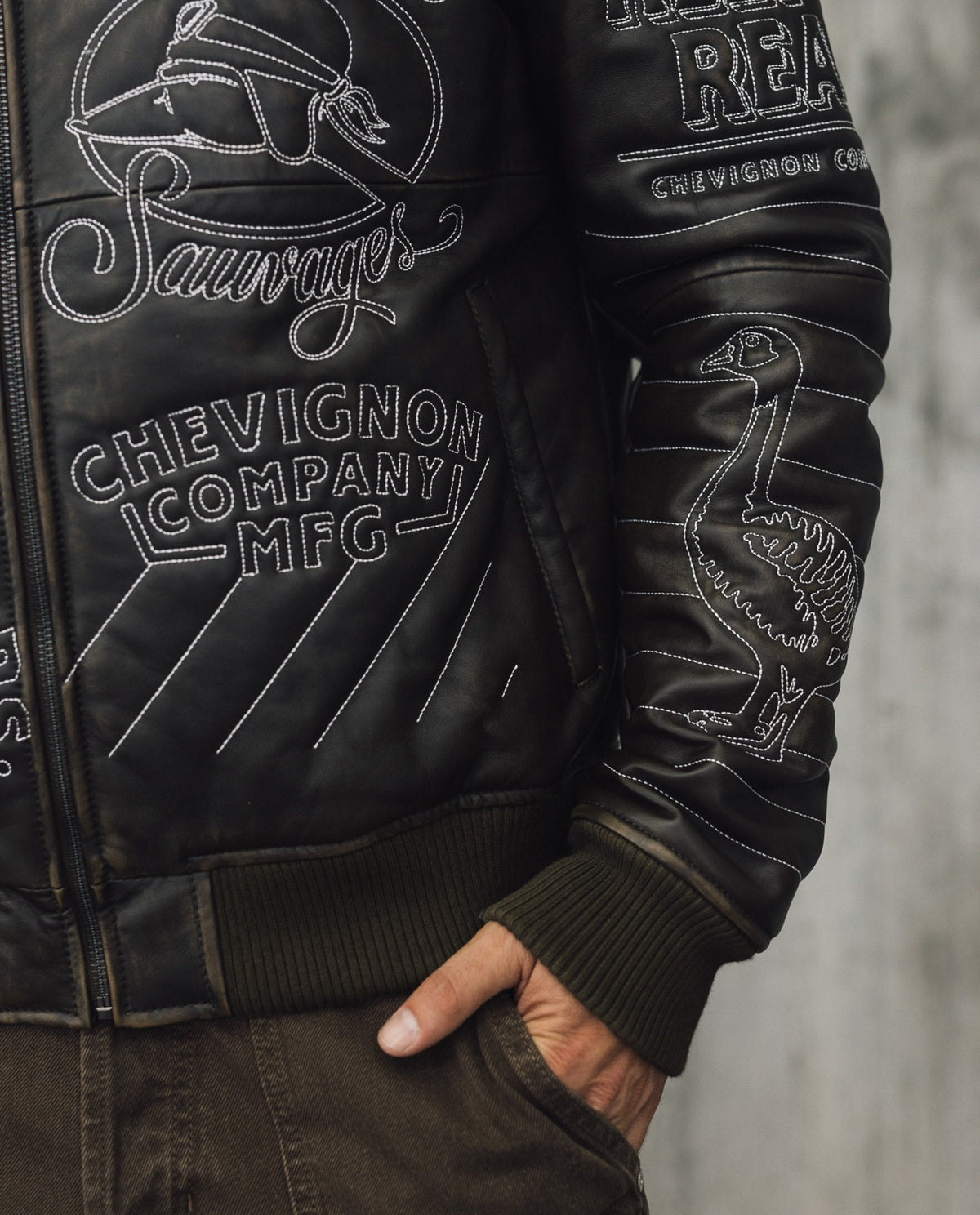 Men's Embroidered Sheepskin Leather Bomber Jacket - Brown 63_627H504_CAF191101_7