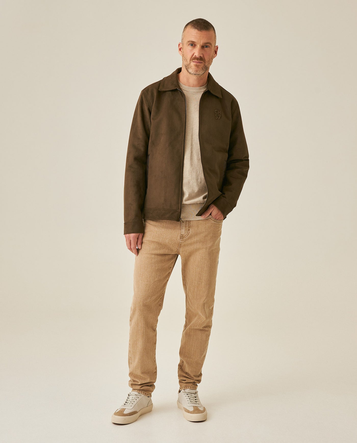 Mens Pants 5 Pocket Mid Rise Cotton Elastane Special Wash Reserved Areas Marked Diagonal Patch Pockets - Beige 63_631H003_BEI140002_4