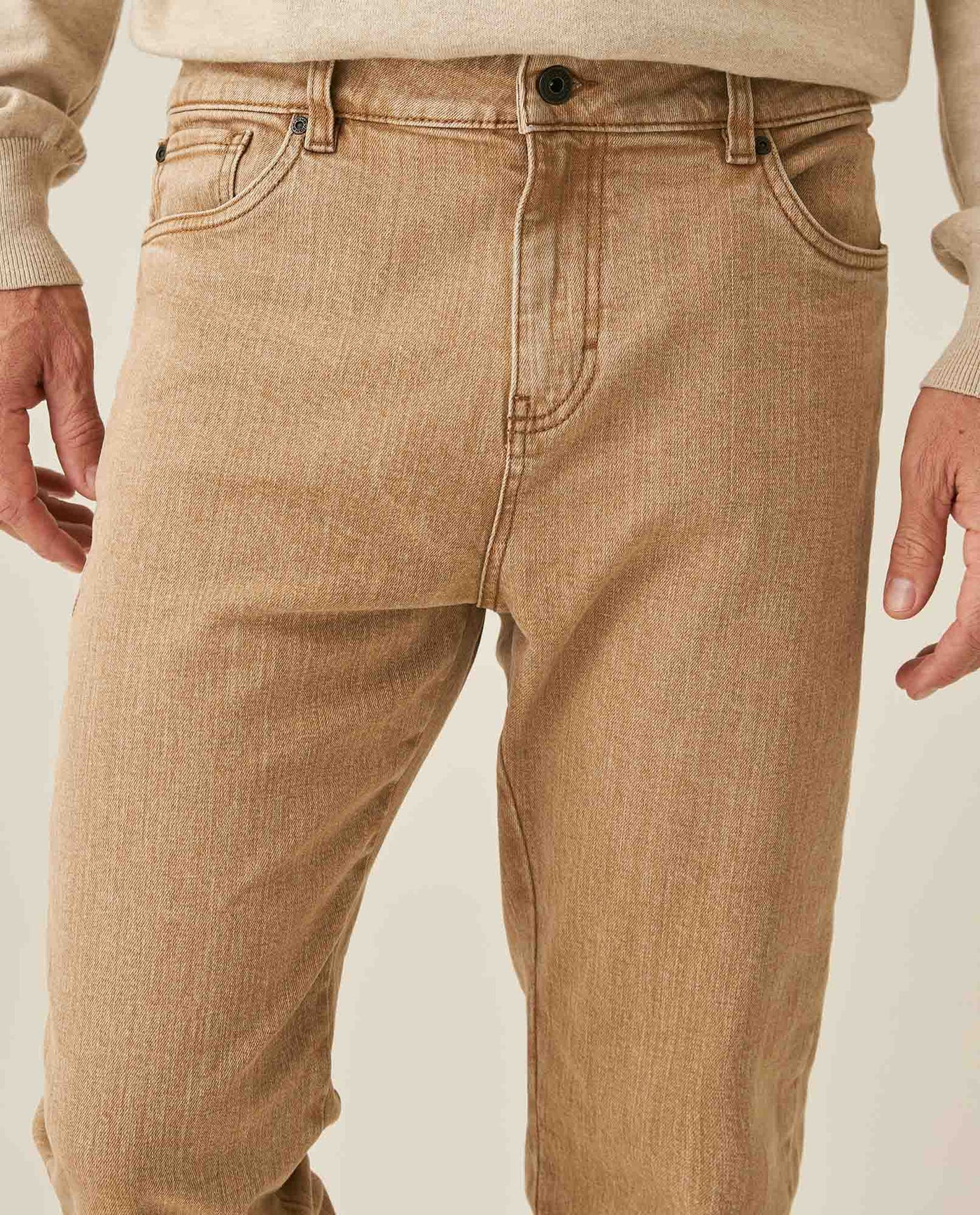 Mens Pants 5 Pocket Mid Rise Cotton Elastane Special Wash Reserved Areas Marked Diagonal Patch Pockets - Beige 63_631H003_BEI140002_5