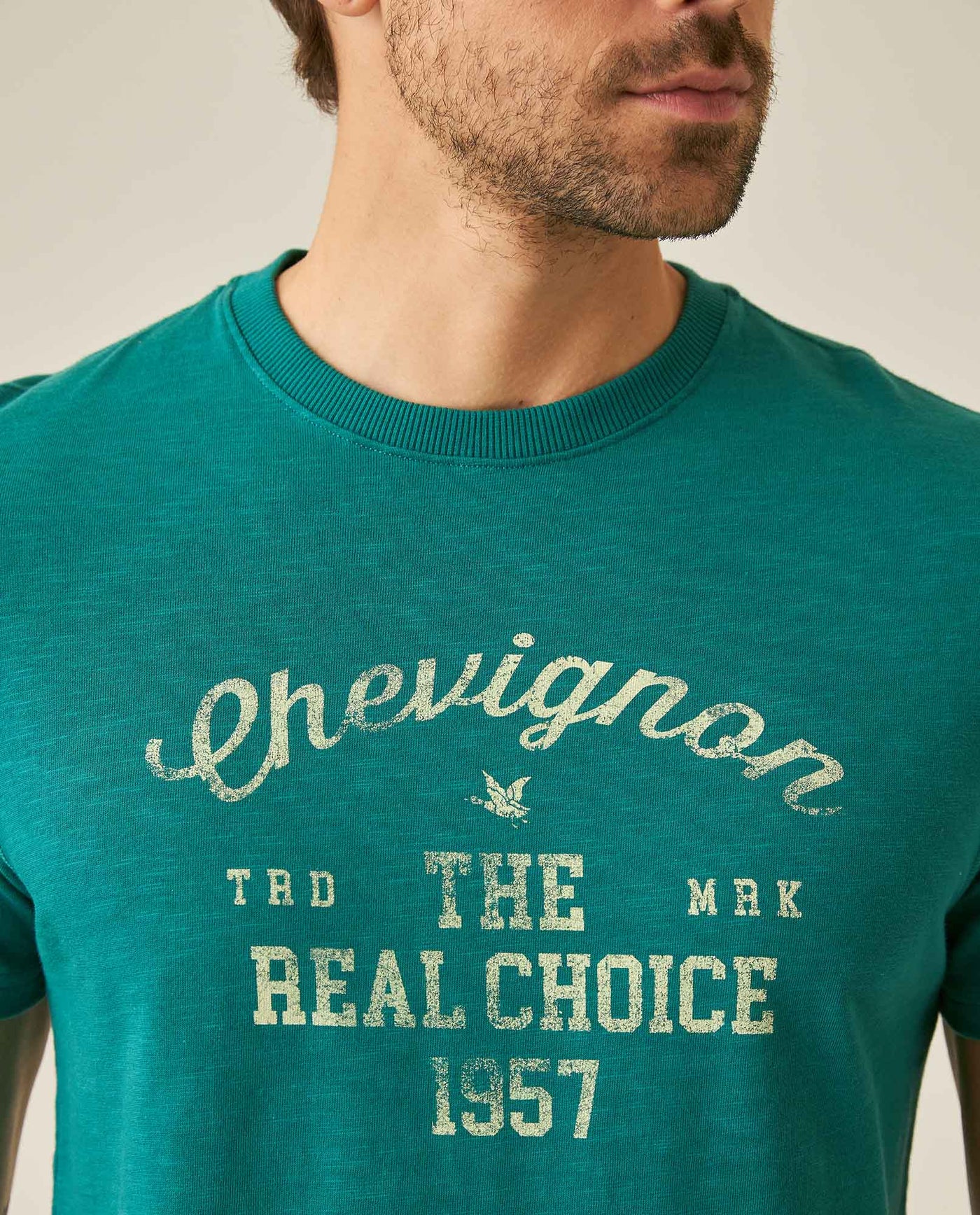 Mens T-Shirt Slim Fit Short Sleeve Cotton Subtle Slub Heavy Rib Collar Printed Front Graphic Seam Details - Green 63_641H004_VER185322_5