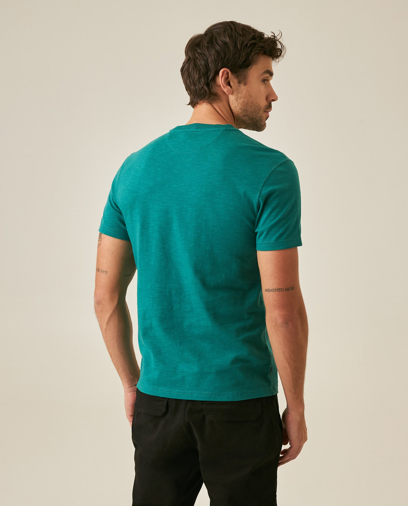Mens T-Shirt Slim Fit Short Sleeve Cotton Subtle Slub Heavy Rib Collar Printed Front Graphic Seam Details - Green 63_641H004_VER185322_6