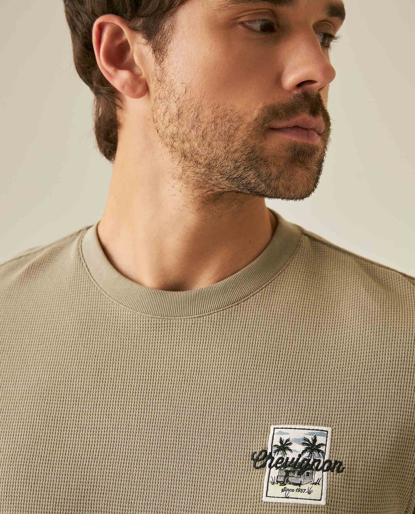 Mens T-Shirt Slim Fit Short Sleeve Cotton Polyester Waffle Texture Chest Embroidery Overlay Label - Green 63_641H006_VER170619_5