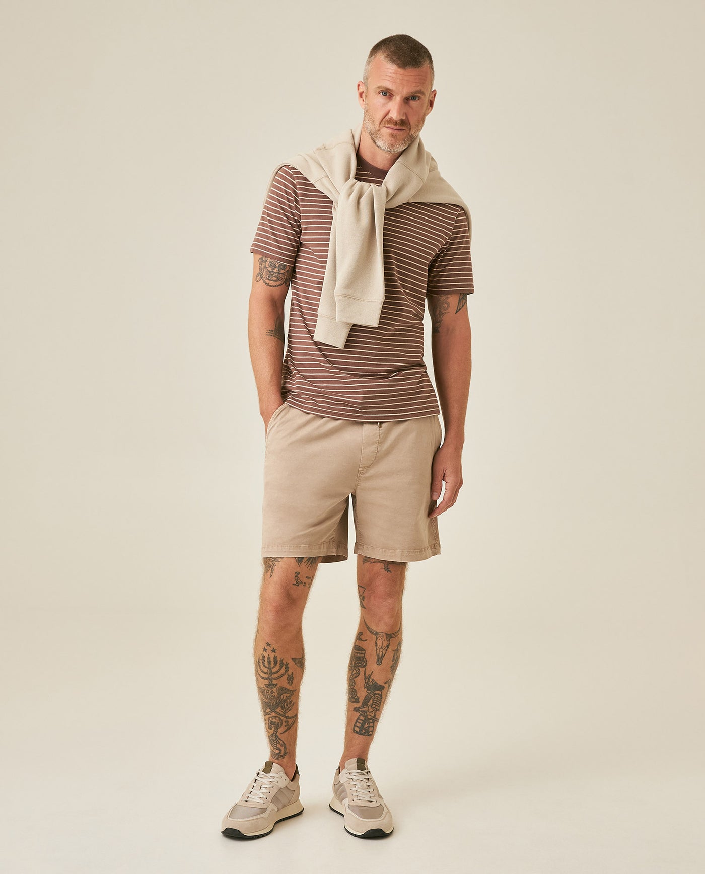 Mens T-Shirt Slim Fit Short Sleeve Cotton Elastane Stripe Fabric Flag Label Side Sleeve Nautical - Brown 63_641H014_CAF191016_4
