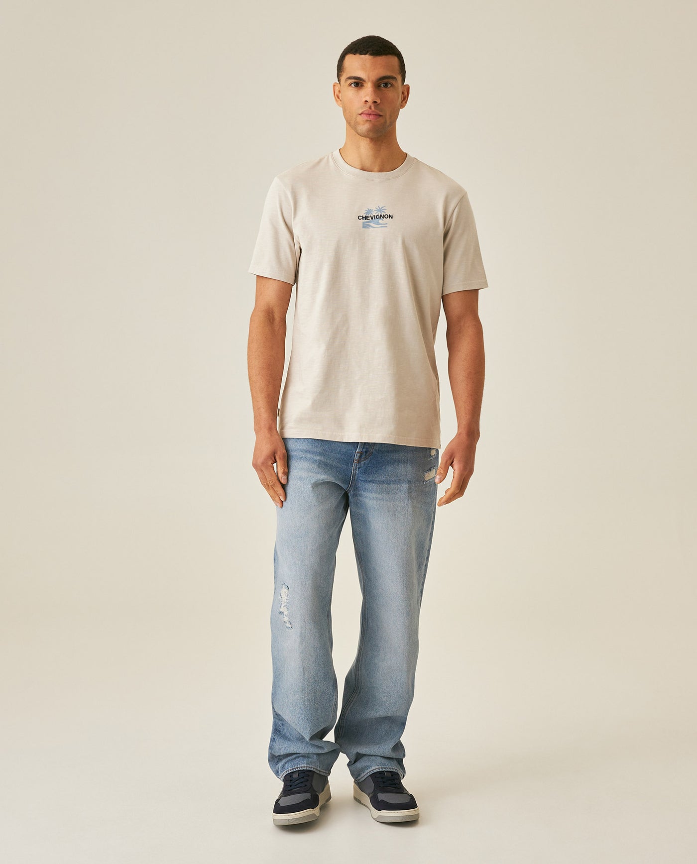 Mens T-Shirt Slim Fit Short Sleeve Cotton Jersey Double Knit Discreet Central Summer Graphic Side Vents - Beige 63_641H015_BEI140002_4