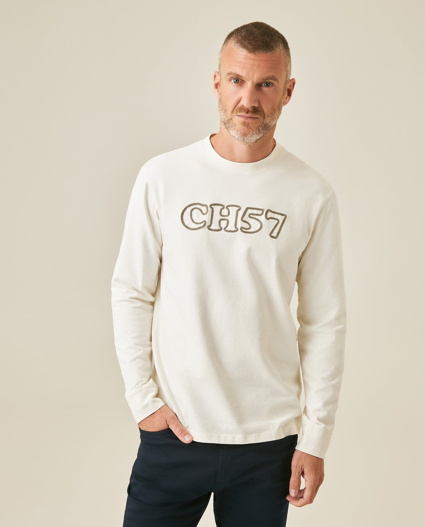 Mens T-Shirt Long Sleeve Classic Fit Cotton Elastane Jersey Heavy Chain Stitch Embroidered Graphic - Raw 63_641H016_CRU110701_0
