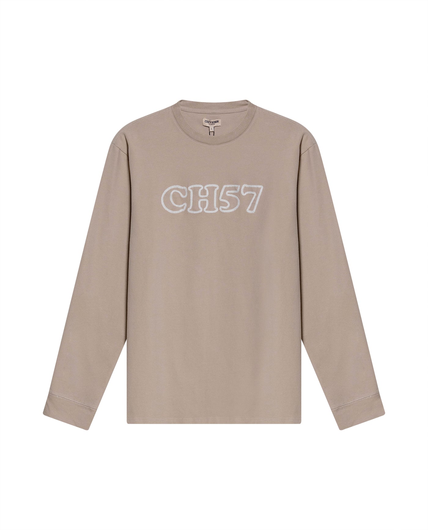 Mens T-Shirt Long Sleeve Classic Fit Cotton Elastane Jersey Heavy Chain Stitch Embroidered Graphic - Gray 63_641H016_GRI171107_3