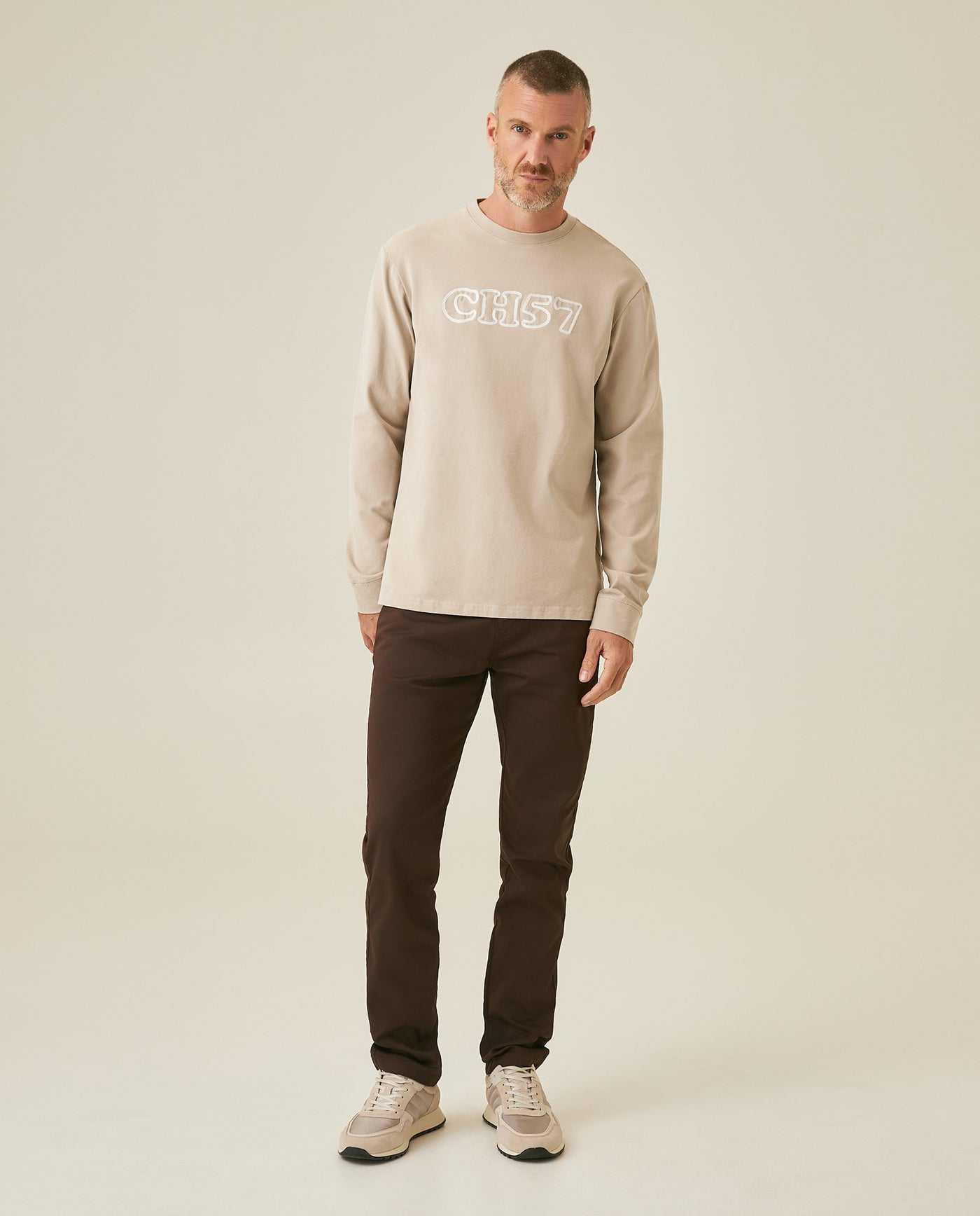 Mens T-Shirt Long Sleeve Classic Fit Cotton Elastane Jersey Heavy Chain Stitch Embroidered Graphic - Gray 63_641H016_GRI171107_4