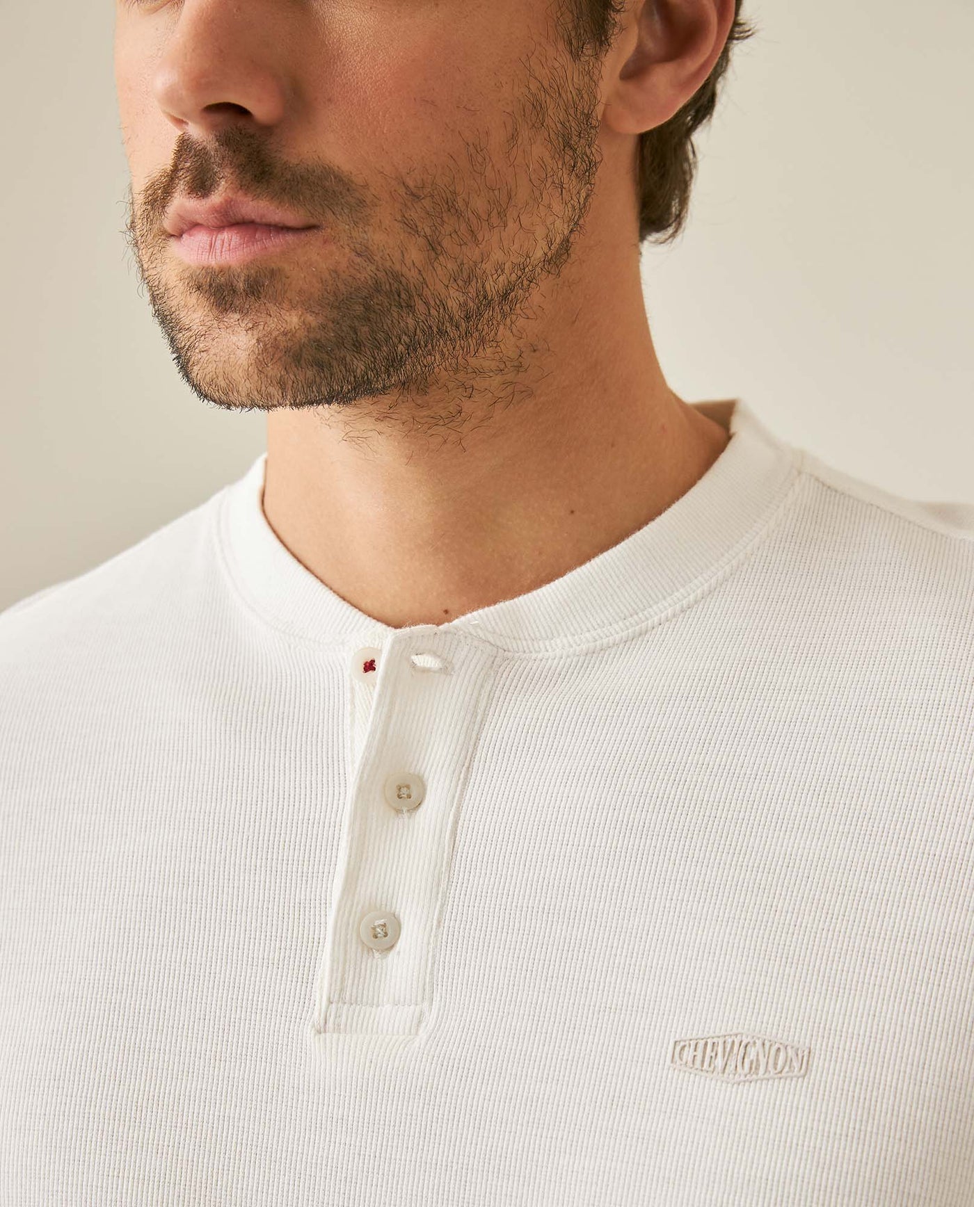 Mens T-Shirt Slim Fit Long Sleeve Henley Collar Cotton Elastane Knitwear Simulation Tone on Tone Buttons - Raw 63_641H019_CRU110606_5