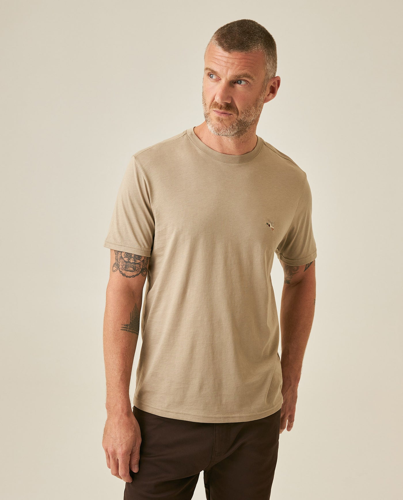 Mens T-Shirt Slim Fit Short Sleeve Crewneck Pima Cotton Vibrant Embroidered Duck Heart Point - Brown 63_641H020_CAF171108_0