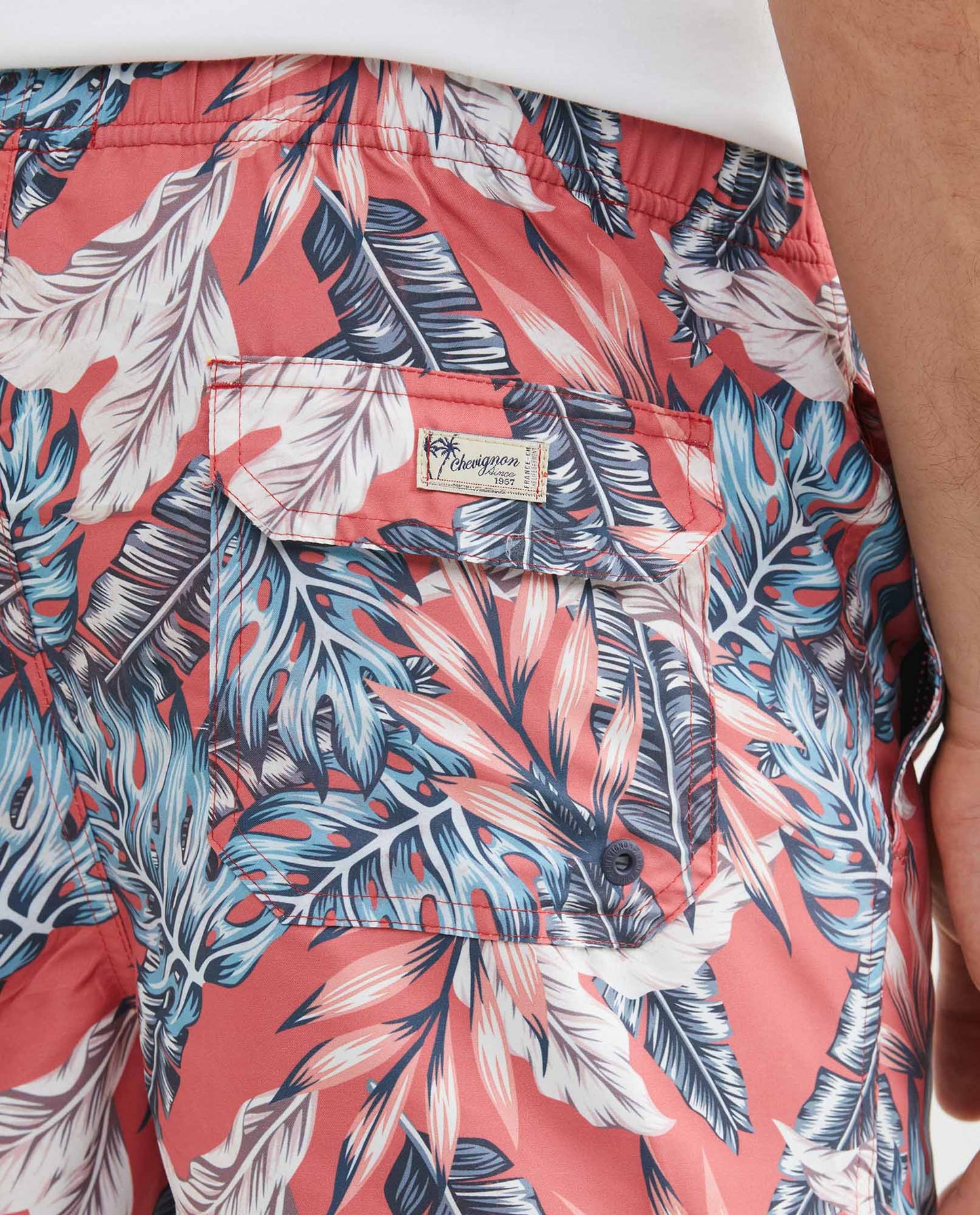 Men's Swim Trunks, Regular Fit - Tropical Leaf Print - Red - 5