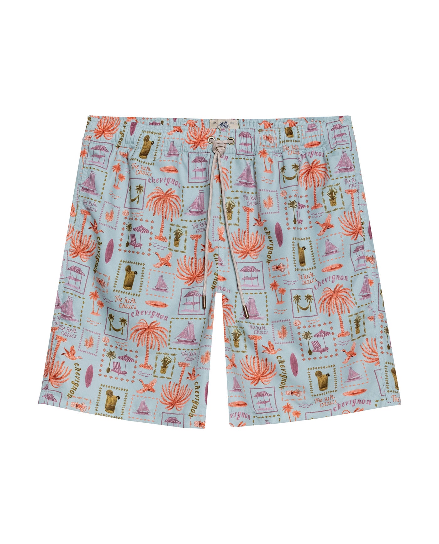 Mens Swim Trunks Printed Recycled Polyester Mini Tropical Print Adjustable Waist - Blue 63_651H002_AZU144807_3