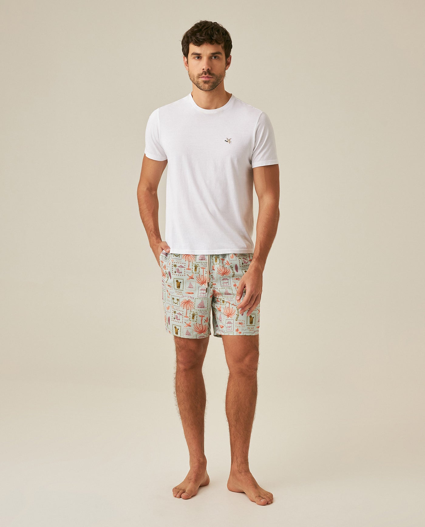 Mens Swim Trunks Printed Recycled Polyester Mini Tropical Print Adjustable Waist - Blue 63_651H002_AZU144807_4