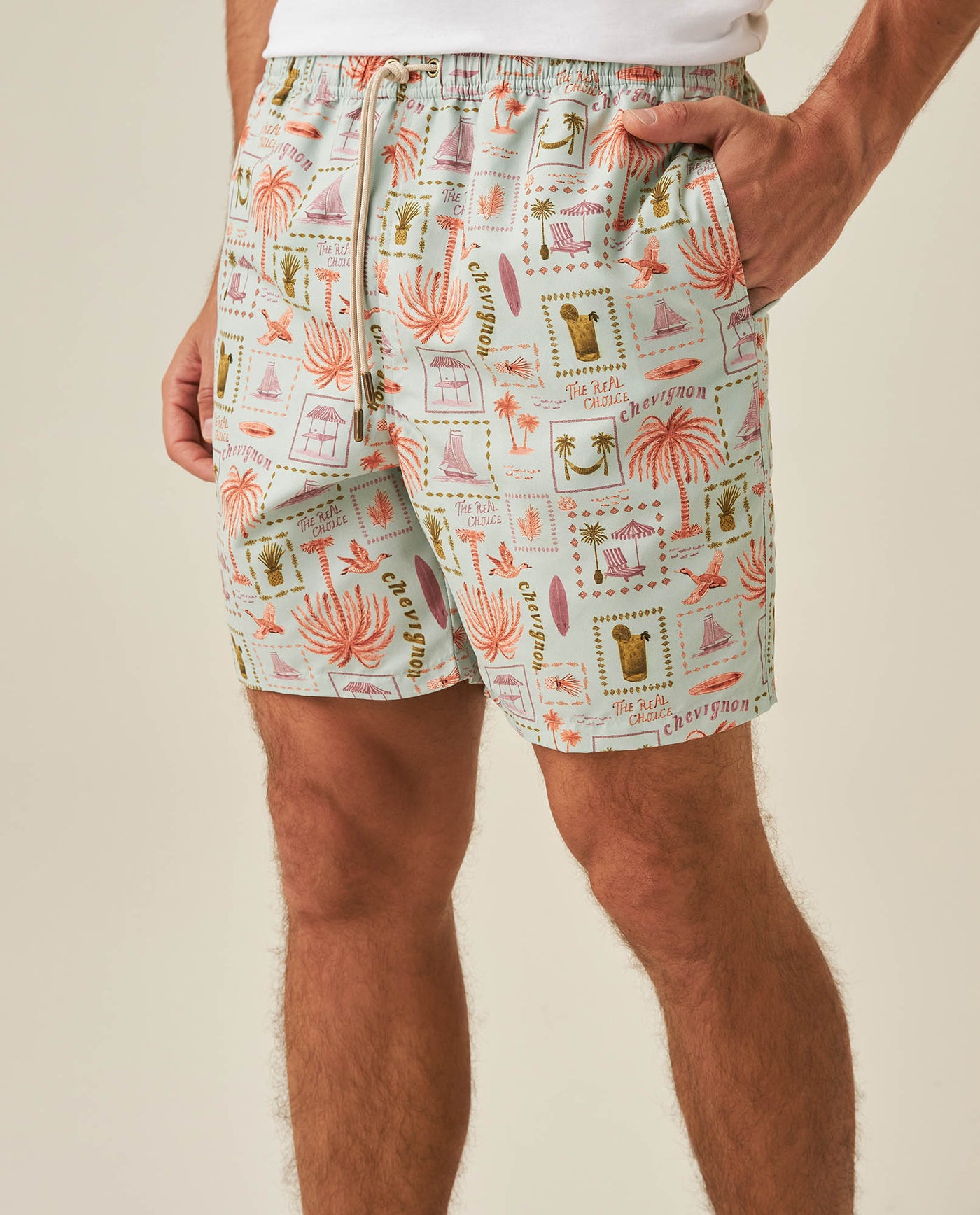 Mens Swim Trunks Printed Recycled Polyester Mini Tropical Print Adjustable Waist - Blue 63_651H002_AZU144807_5