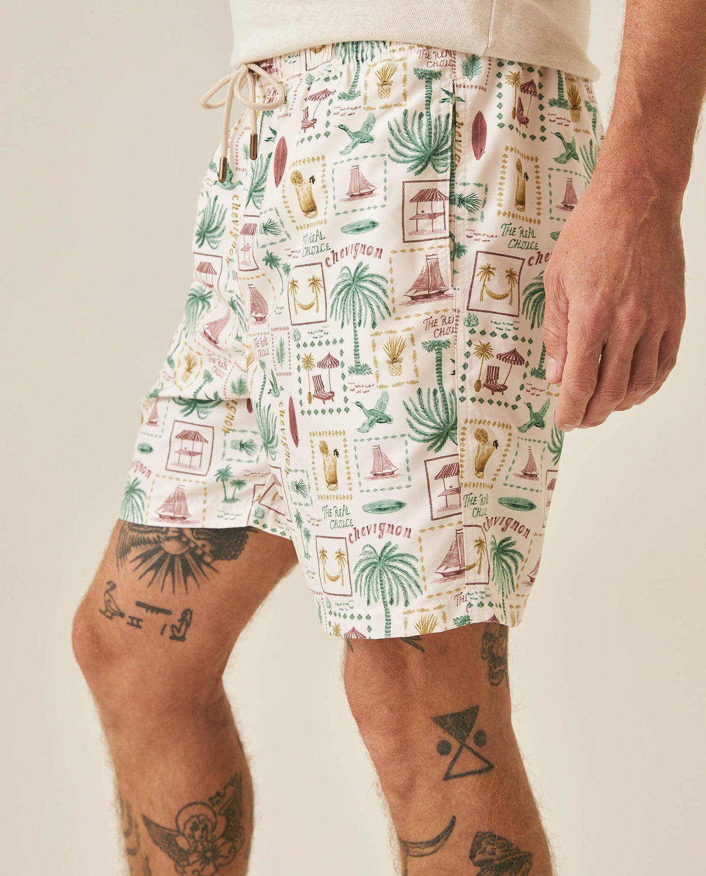 Mens Swim Trunks Printed Recycled Polyester Mini Tropical Print Adjustable Waist - Raw 63_651H002_CRU110606_5