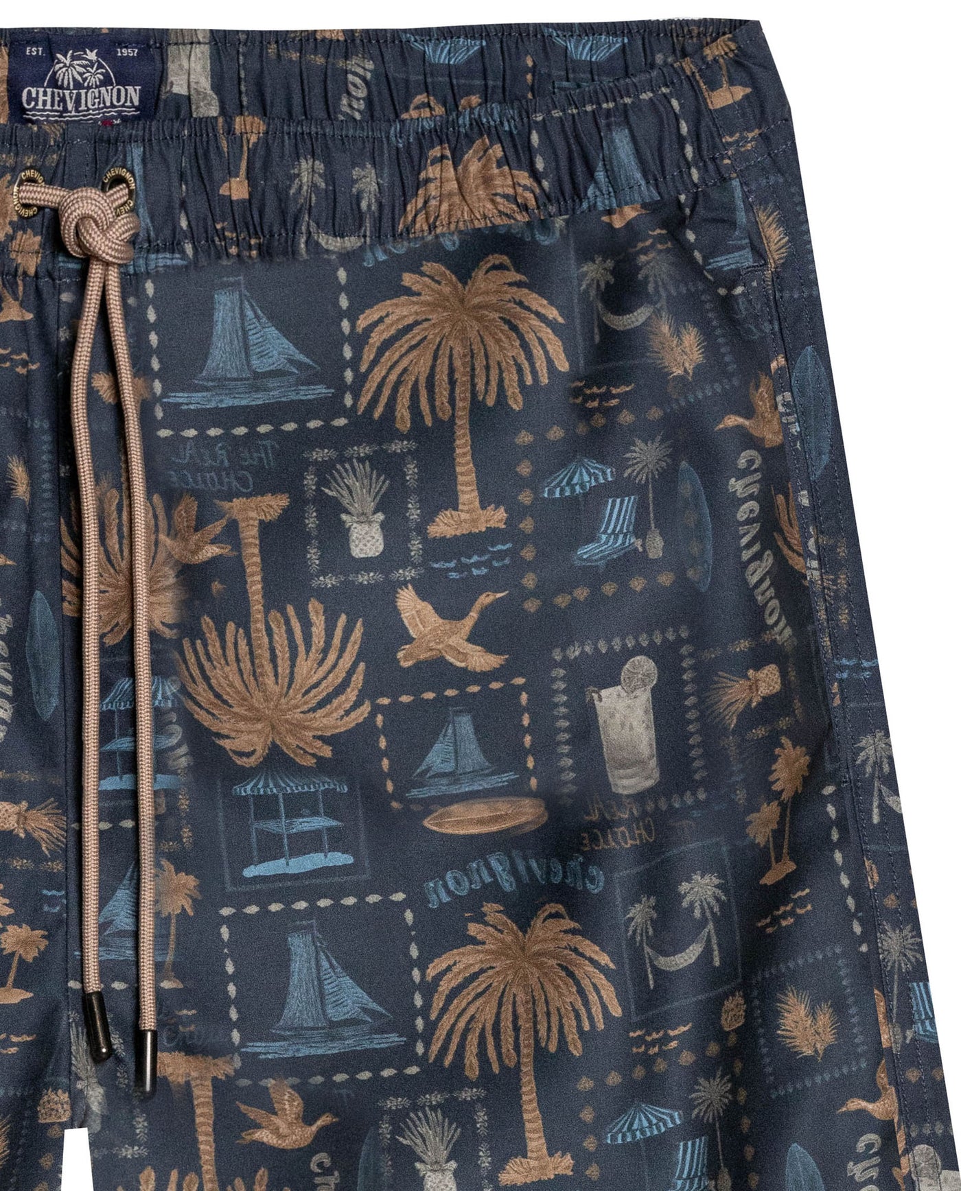 Mens Swim Trunks Printed Recycled Polyester Mini Tropical Print Adjustable Waist - Black 63_651H002_NEG194218_3