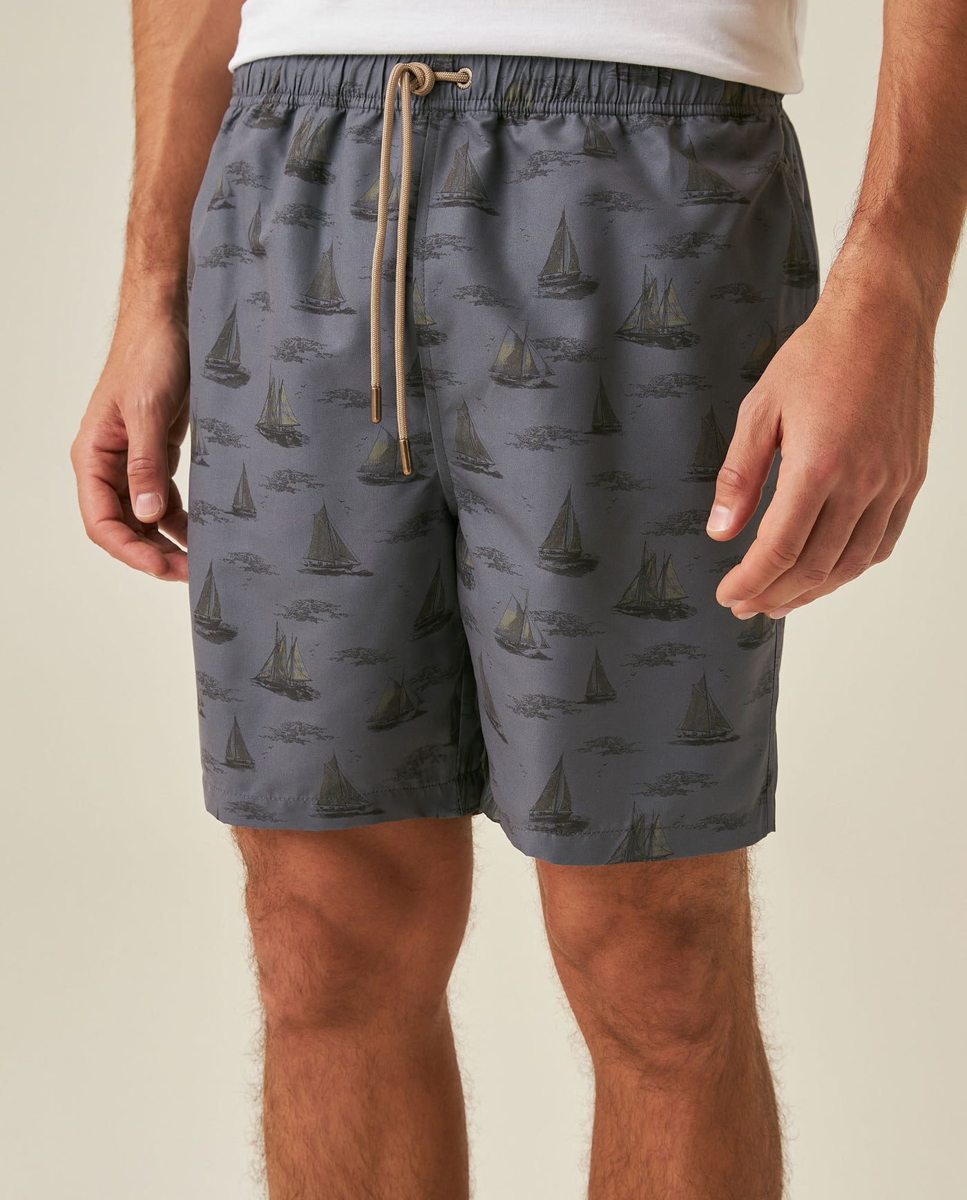 Mens Swim Trunks Recycled Polyester Elastic Lining Mini Nautical Boat Print - Gray 63_651H003_GRI190000_2