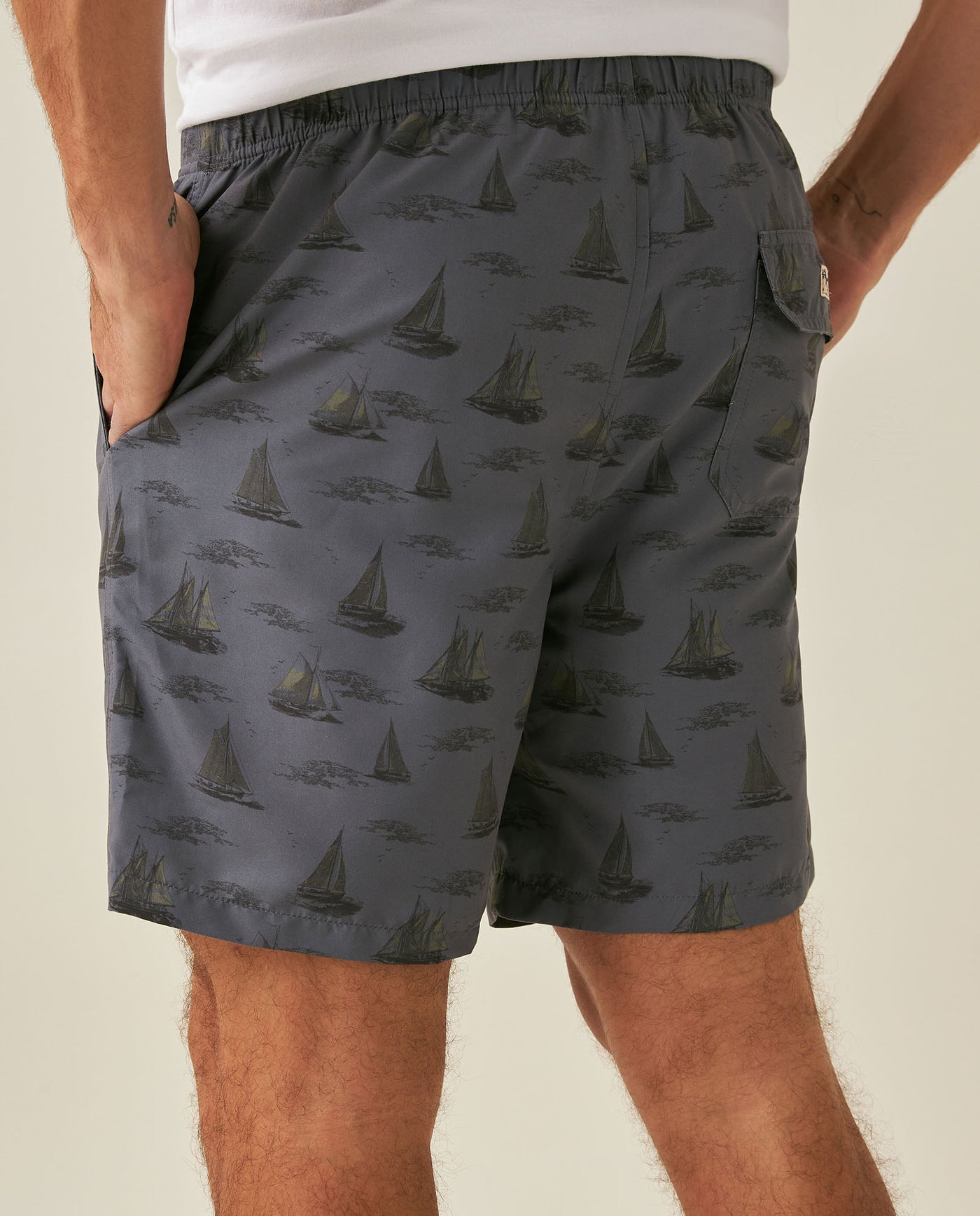 Mens Swim Trunks Recycled Polyester Elastic Lining Mini Nautical Boat Print - Gray 63_651H003_GRI190000_7