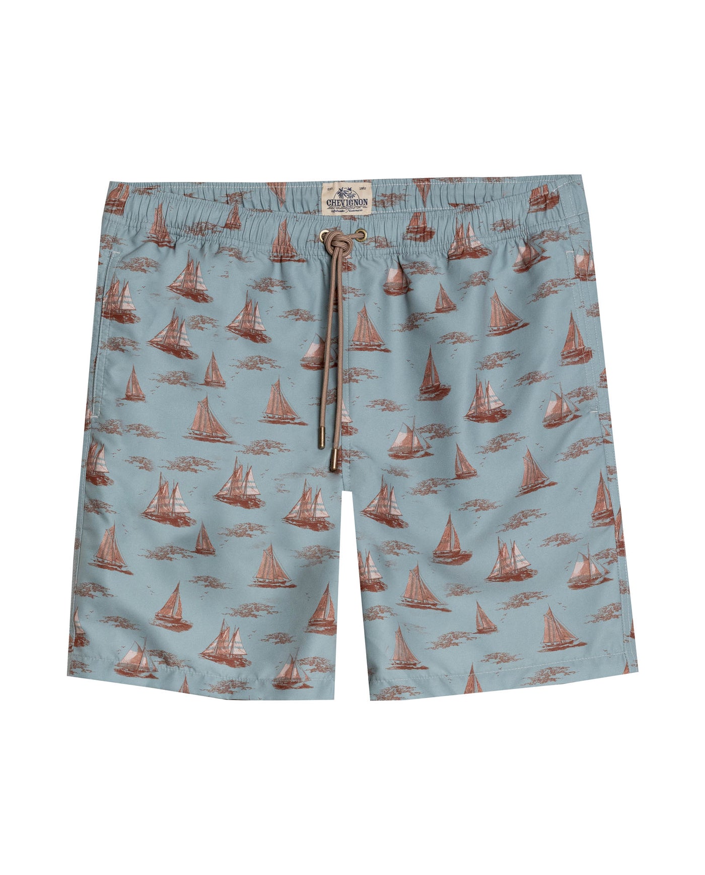Mens Swim Trunks Recycled Polyester Elastic Lining Mini Nautical Boat Print - Green 63_651H003_VER165804_0