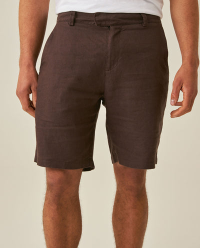 Men's Linen Bermuda Shorts Straight Fit Piping Pockets - Brown