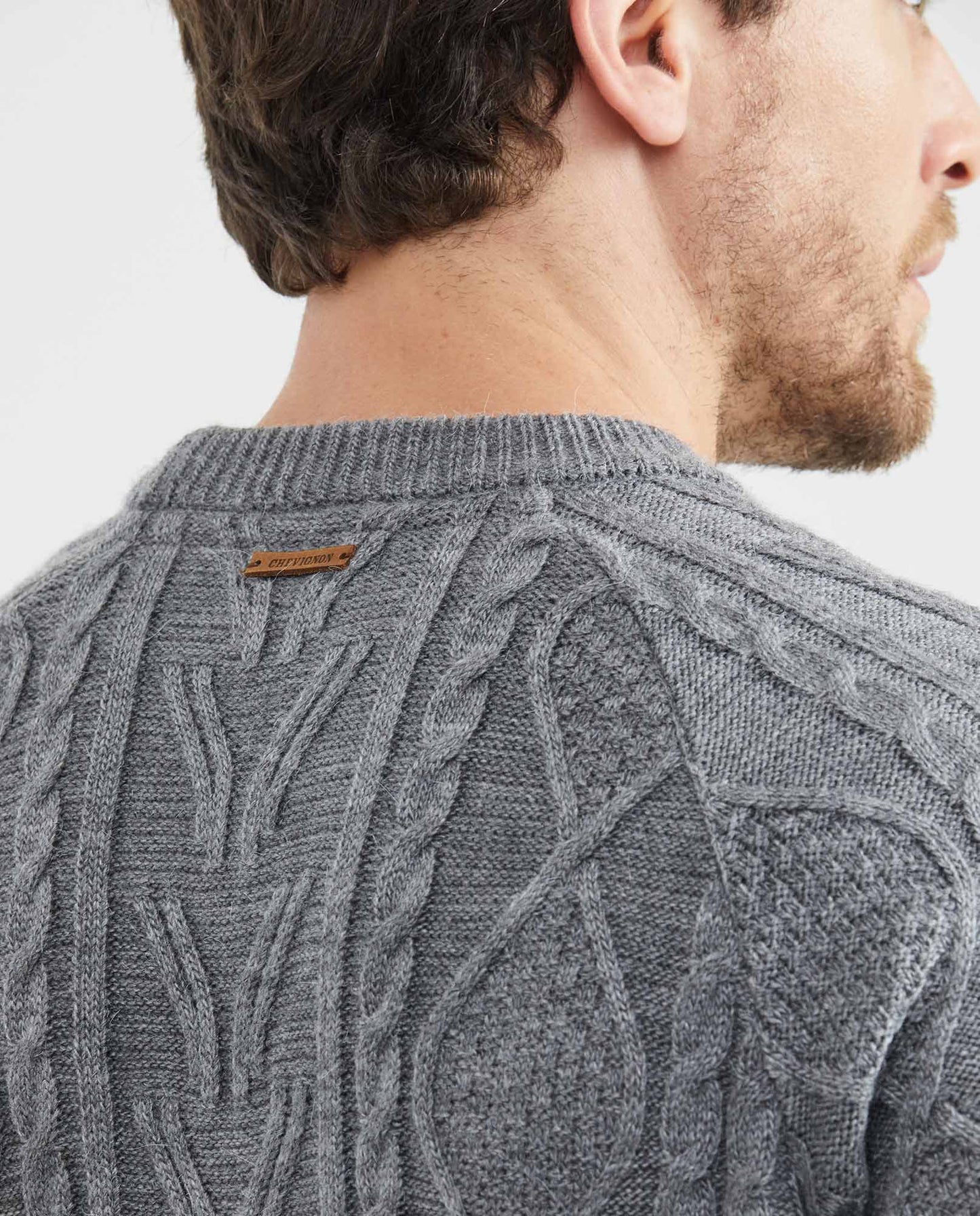 Men's Knitted Sweater, Closed Round Neck - Braids - Gray - 5