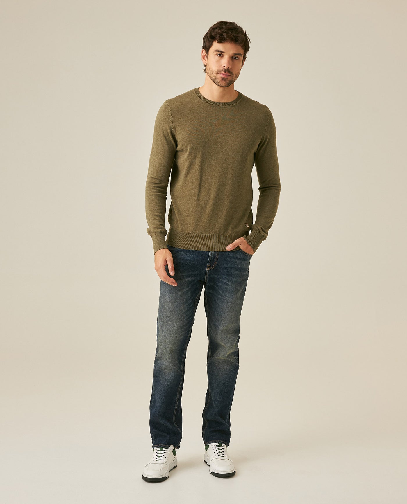 Mens Sweater Knit Regular Fit Crewneck Cotton Full Fashion Technique Heather Fiber Light Gauge Embroidered Duck - Green 63_691H000_VER176323_4