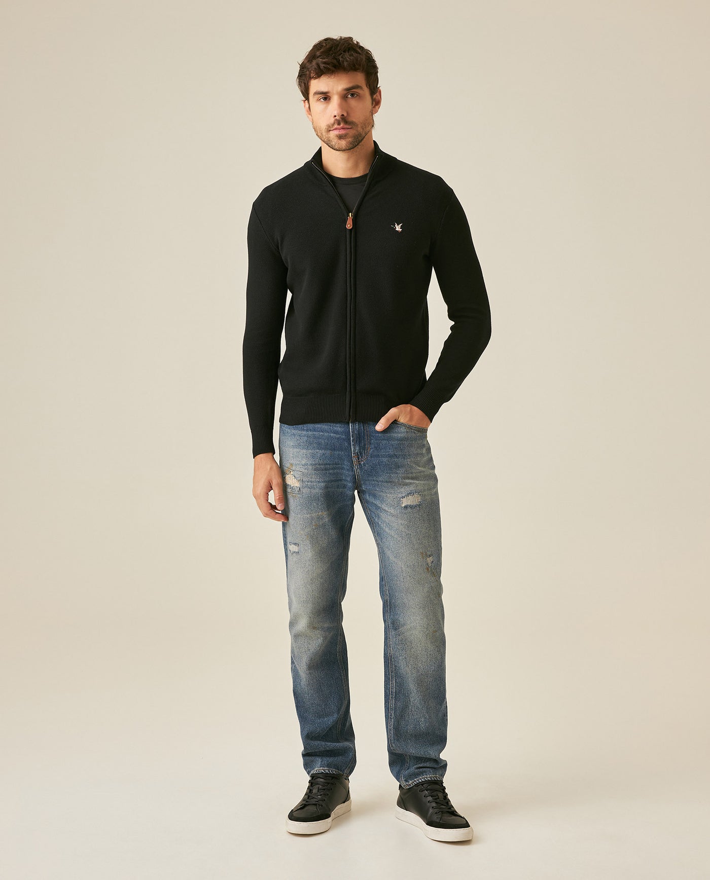 Mens Jacket Knit Piqué Regular Fit Mandarin Collar Cotton Heathered Transseasonal Cardigan Metal Zipper Leather Pull - Black 63_691H001_NEG194007_4