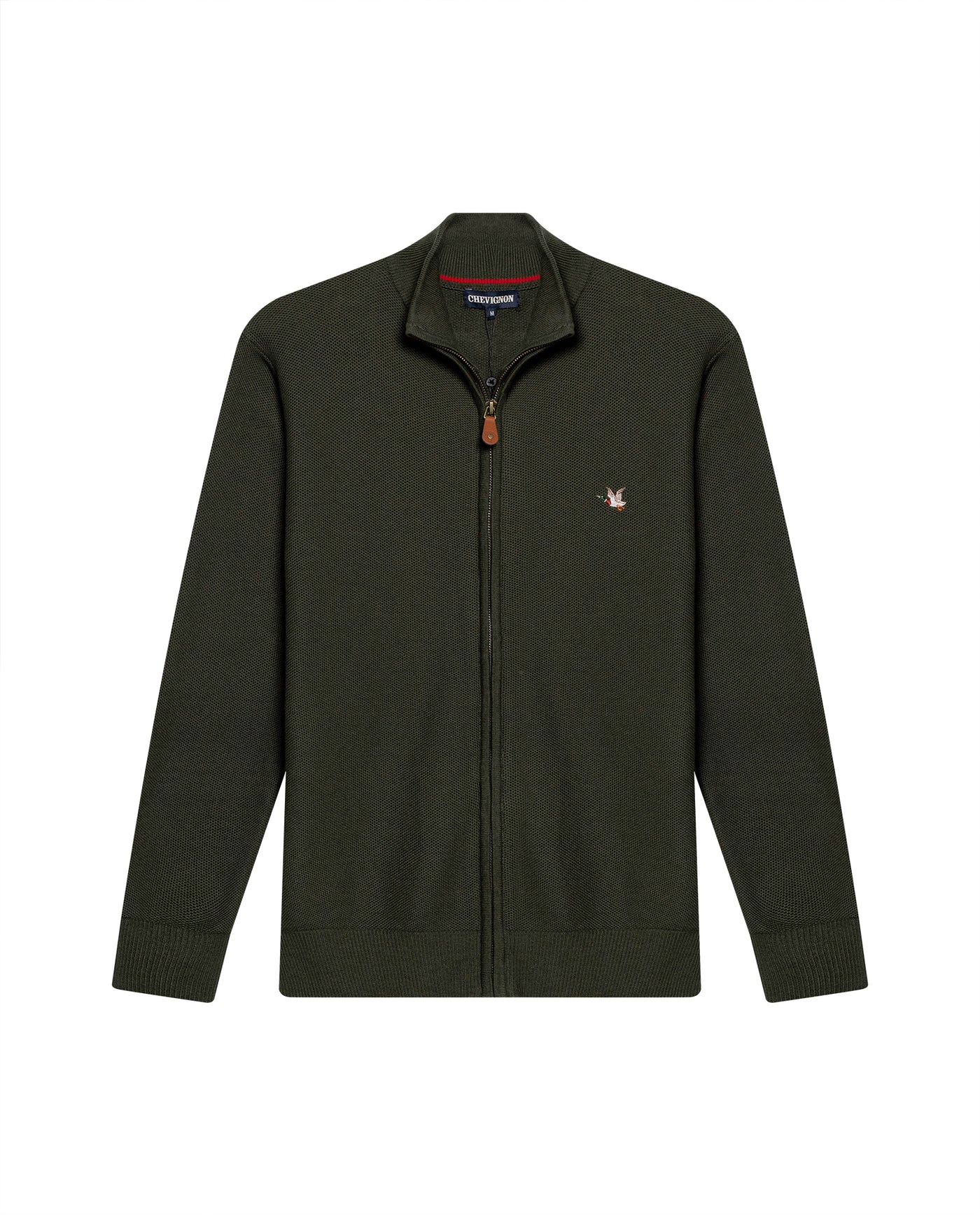 Mens Jacket Knit Piqué Regular Fit Mandarin Collar Cotton Heathered Transseasonal Cardigan Metal Zipper Leather Pull - Green 63_691H001_VER185322_3