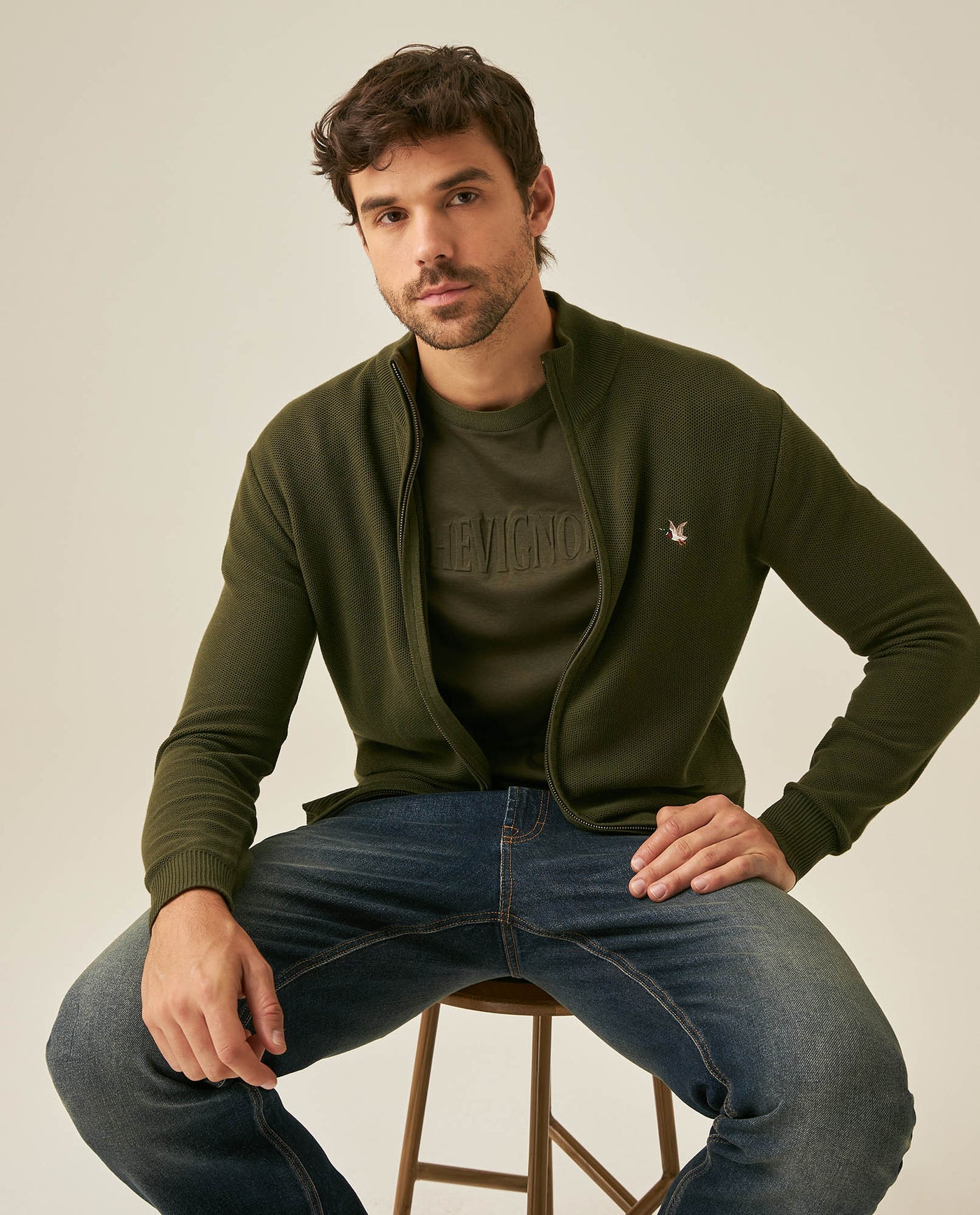 Mens Jacket Knit Piqué Regular Fit Mandarin Collar Cotton Heathered Transseasonal Cardigan Metal Zipper Leather Pull - Green 63_691H001_VER185322_4