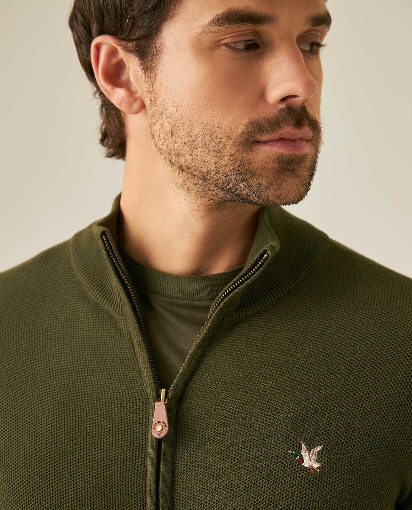 Mens Jacket Knit Piqué Regular Fit Mandarin Collar Cotton Heathered Transseasonal Cardigan Metal Zipper Leather Pull - Green 63_691H001_VER185322_5