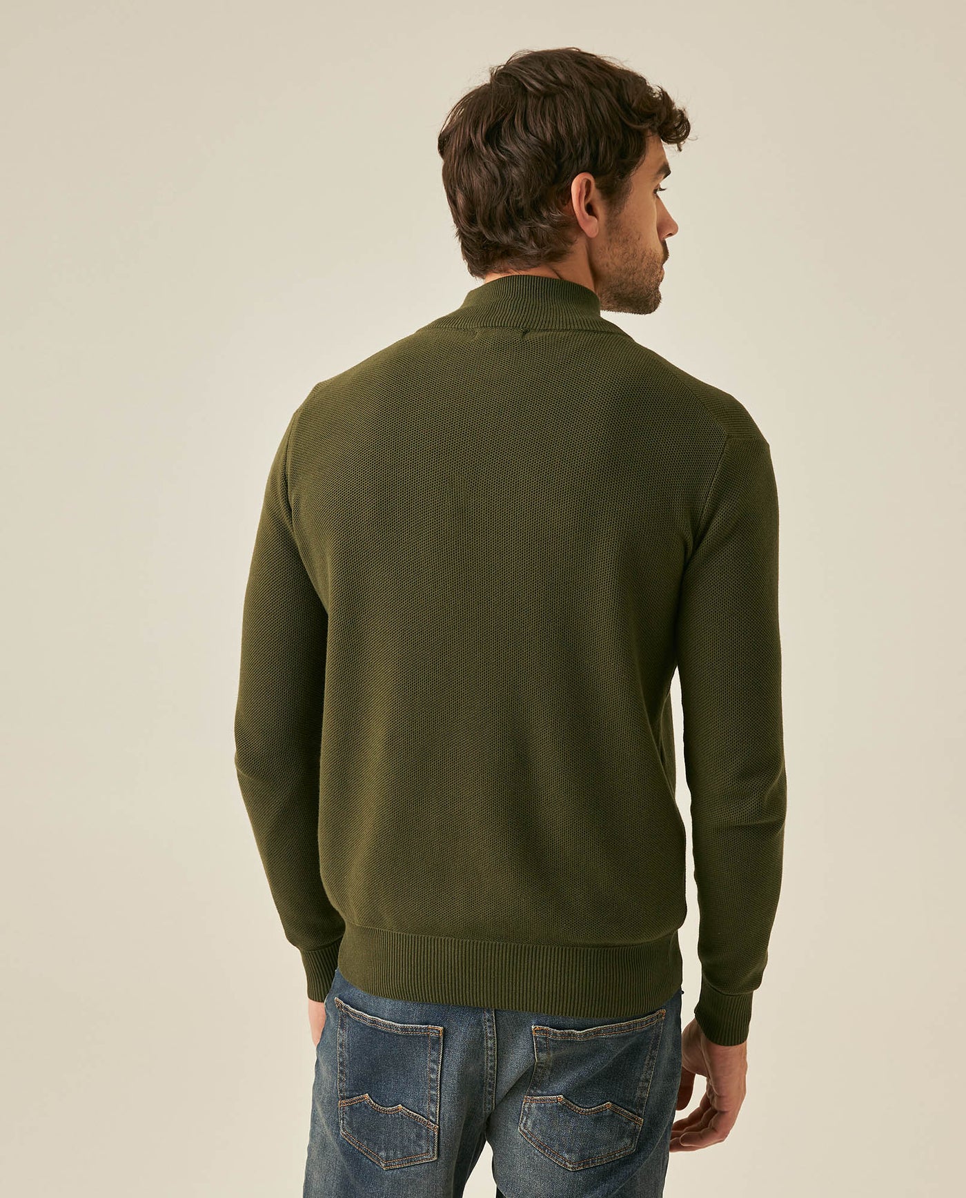 Mens Jacket Knit Piqué Regular Fit Mandarin Collar Cotton Heathered Transseasonal Cardigan Metal Zipper Leather Pull - Green 63_691H001_VER185322_6