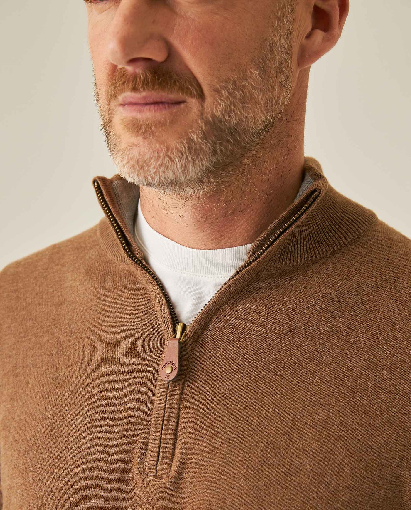 Mens Sweater Knit Mandarin Collar Half Zip Cotton Full Fashion Technique Heather Fiber Light Gauge Contrast Interior - Khaki 63_691H002_CAQ150309_5