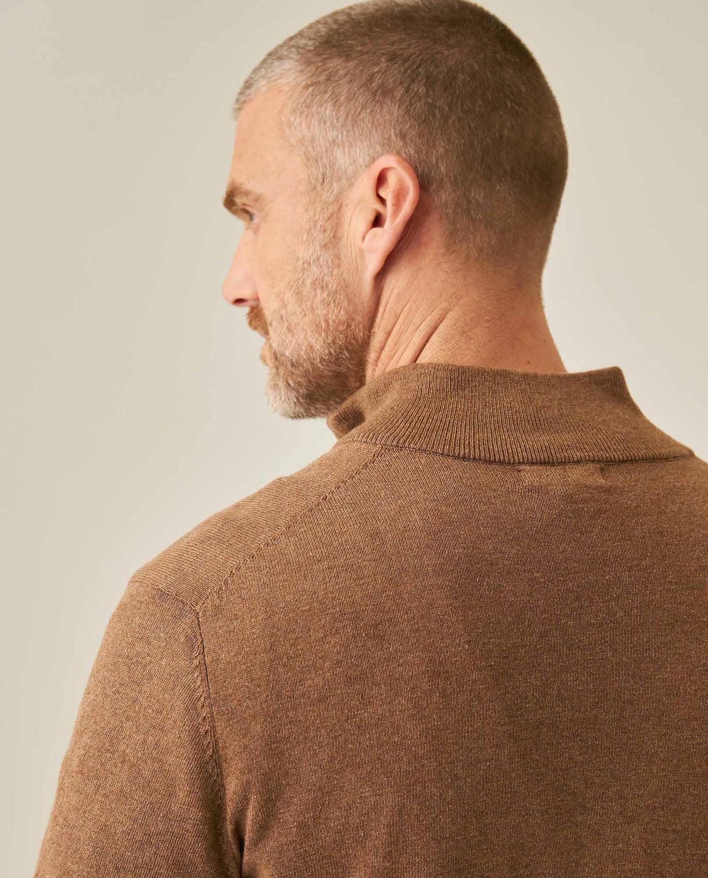 Mens Sweater Knit Mandarin Collar Half Zip Cotton Full Fashion Technique Heather Fiber Light Gauge Contrast Interior - Khaki 63_691H002_CAQ150309_7