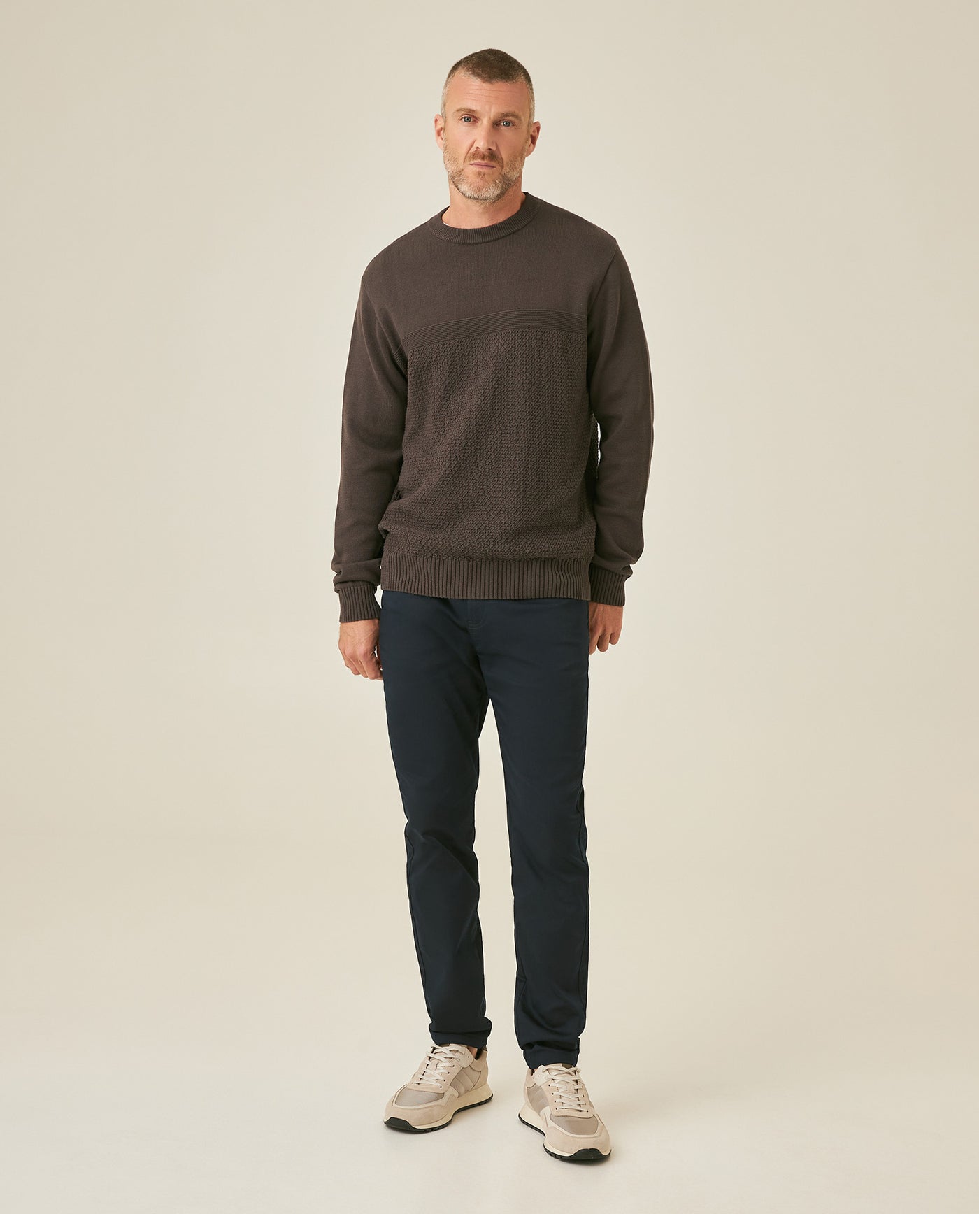 Mens Sweater Knit Crewneck Cotton Pure Subtle Texture Contrasts Jersey Top Links Bottom Horizontal Channels Leather Label - Brown 63_691H005_CAF191325_4