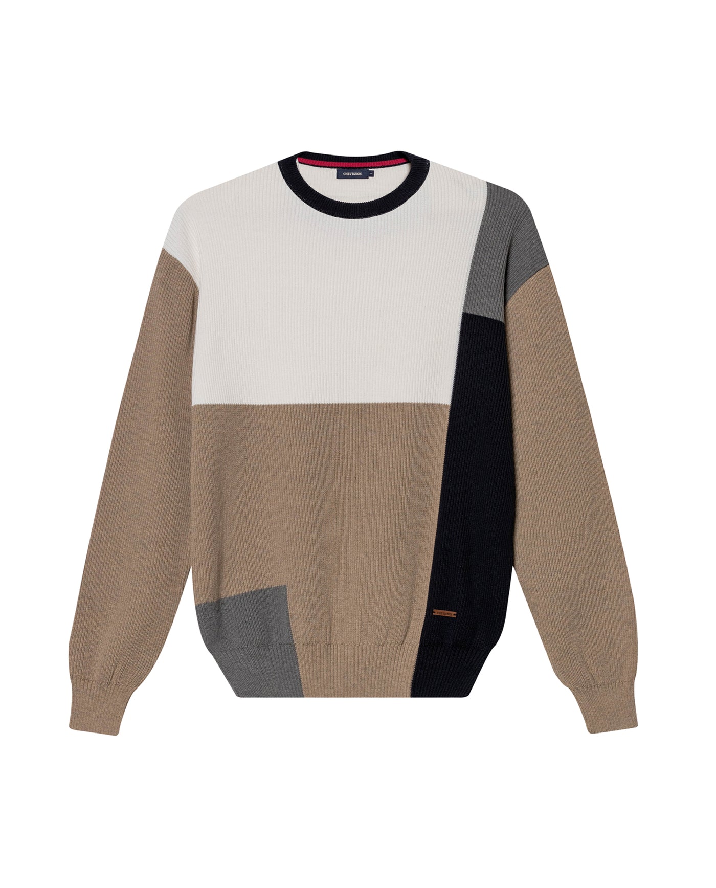 Mens Sweater Knit Crewneck Cotton Pure Ribbed Mini-Channel Irregular Contrast Color Blocks Medium Gauge - Khaki 63_691H006_CAQ150309_3