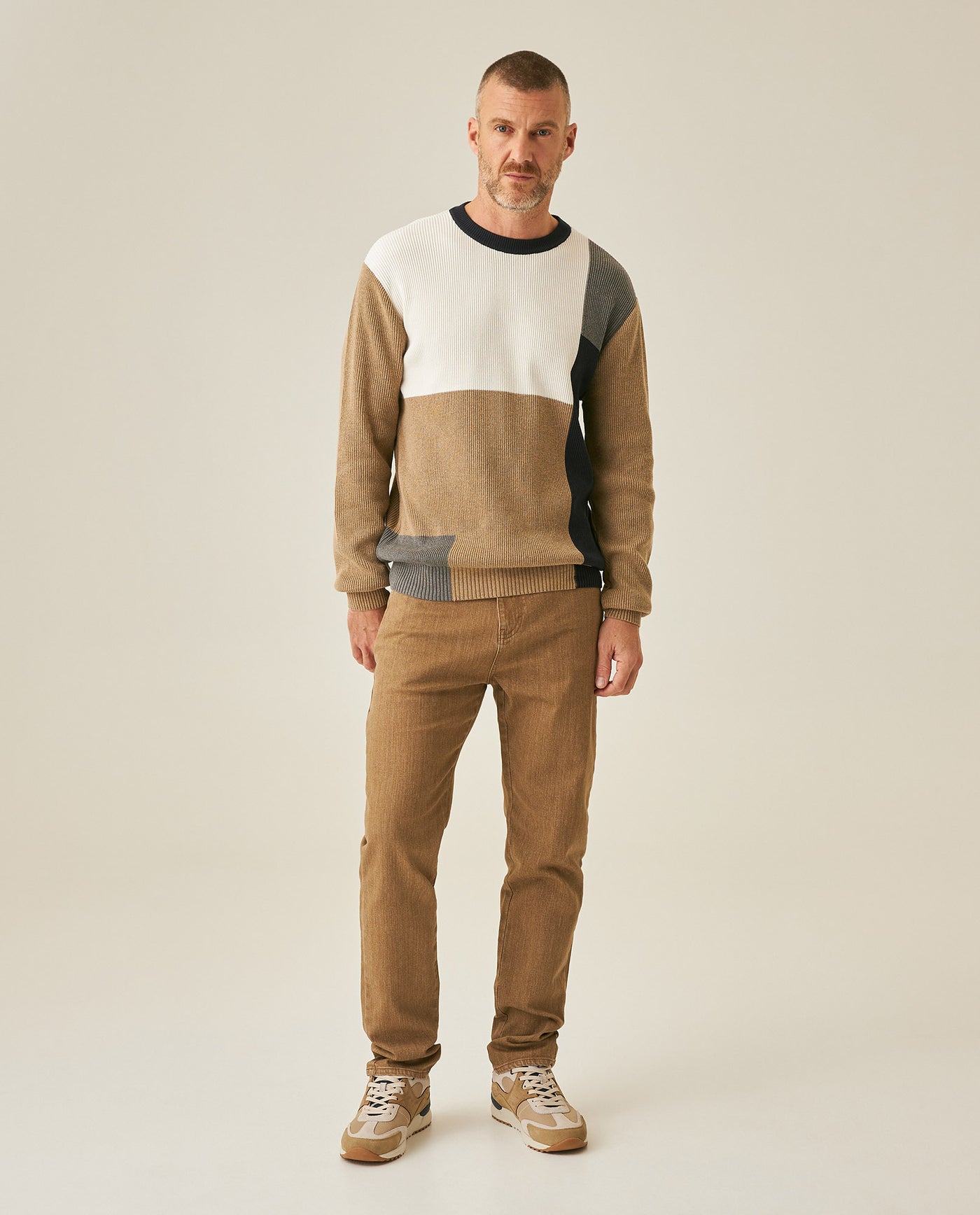 Mens Sweater Knit Crewneck Cotton Pure Ribbed Mini-Channel Irregular Contrast Color Blocks Medium Gauge - Khaki 63_691H006_CAQ150309_4