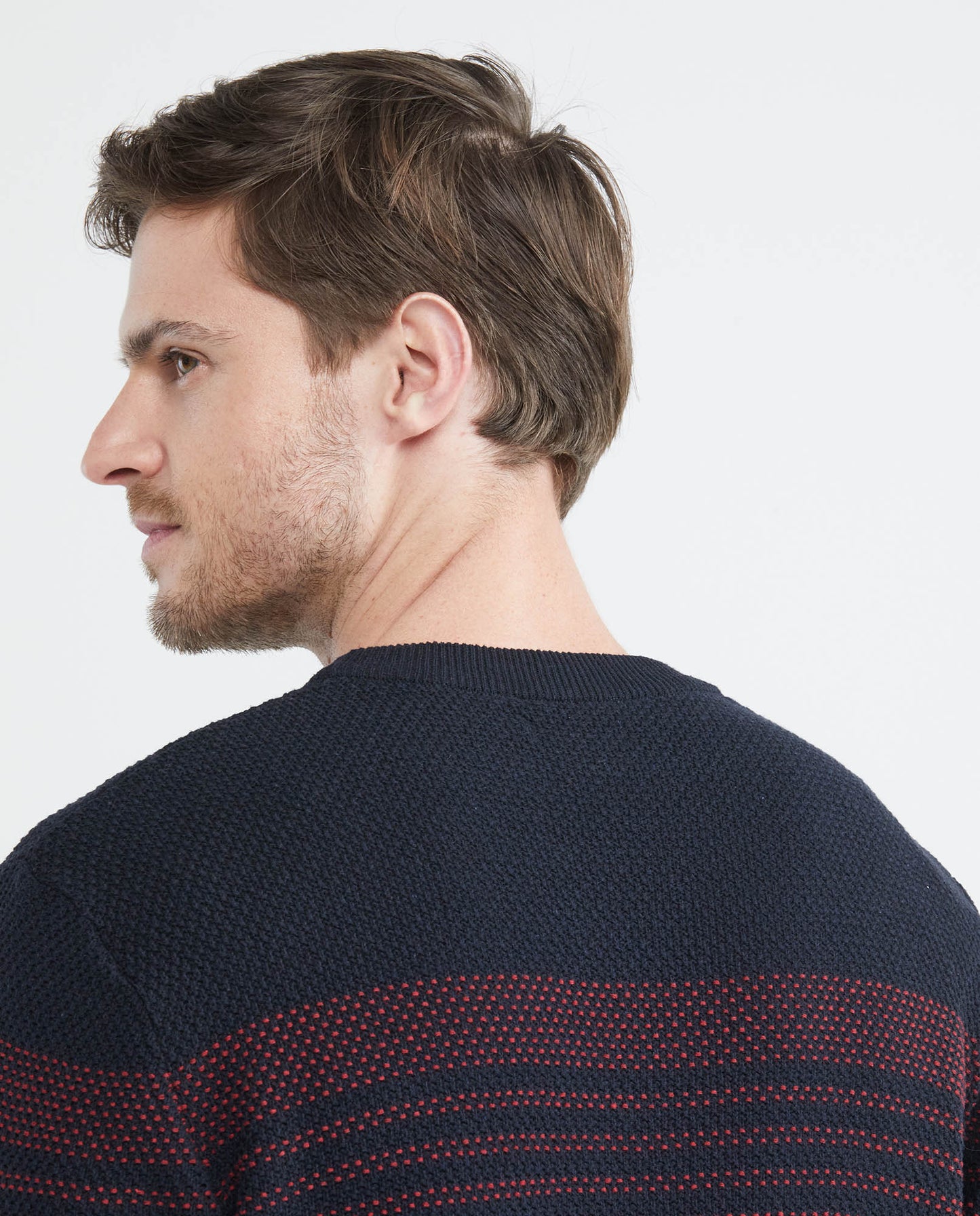 Men's Knit Sweater, Closed Round Neck - Topstitch Stripes - Blue - 5