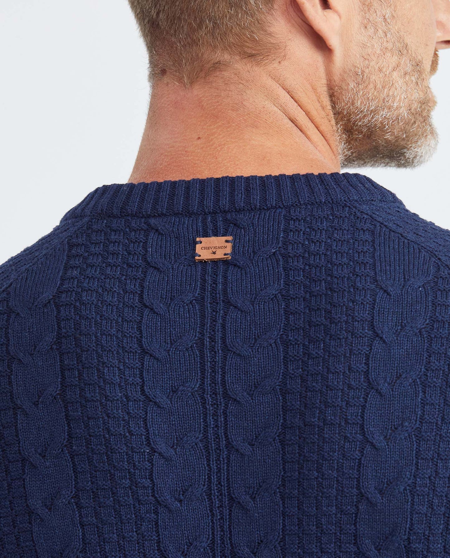 Men's Knitted Sweater, Closed Round Neck - Cable Knit - Blue - 5
