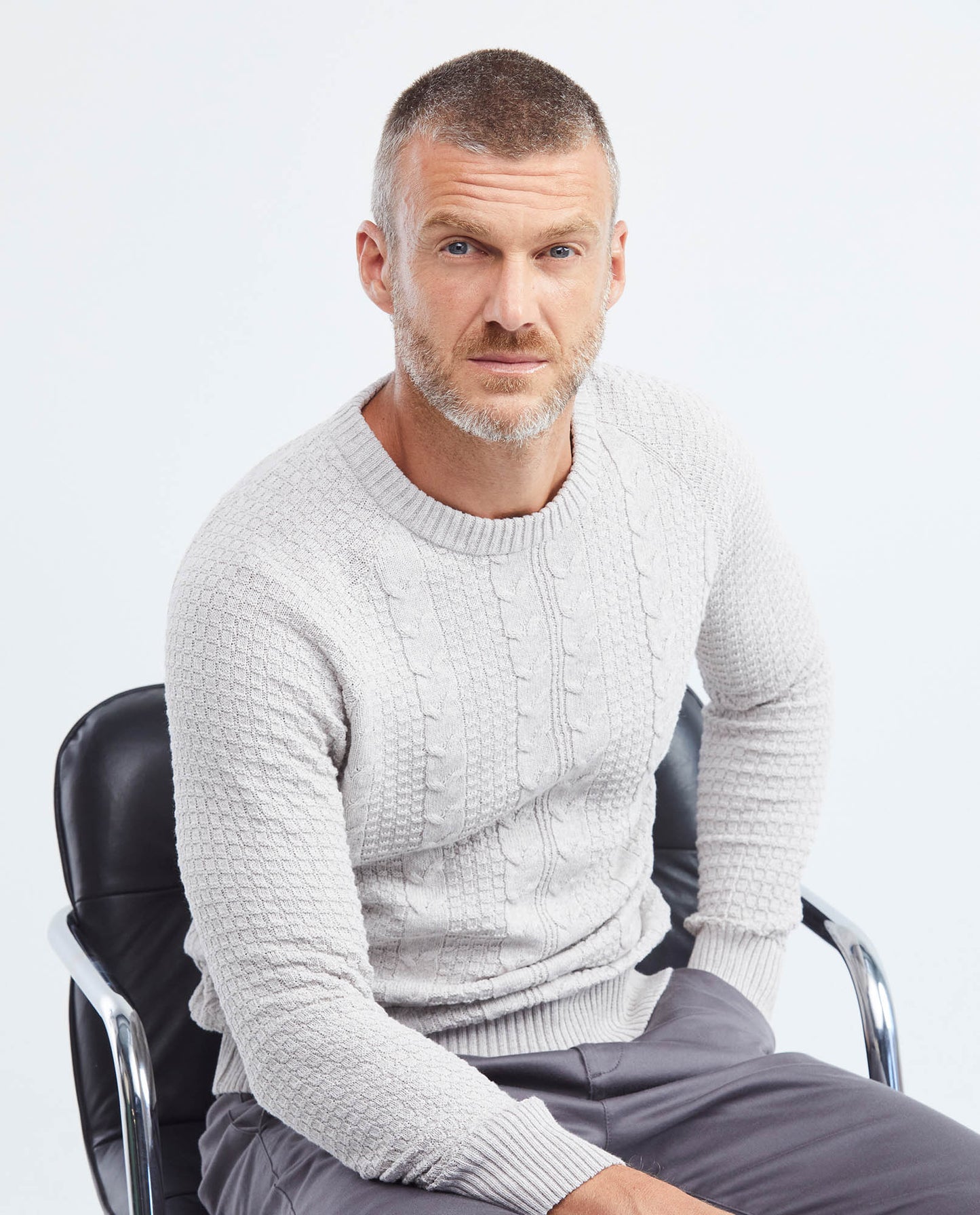 Men's Knitted Sweater, Closed Round Neck - Cable Knit - Raw - 6