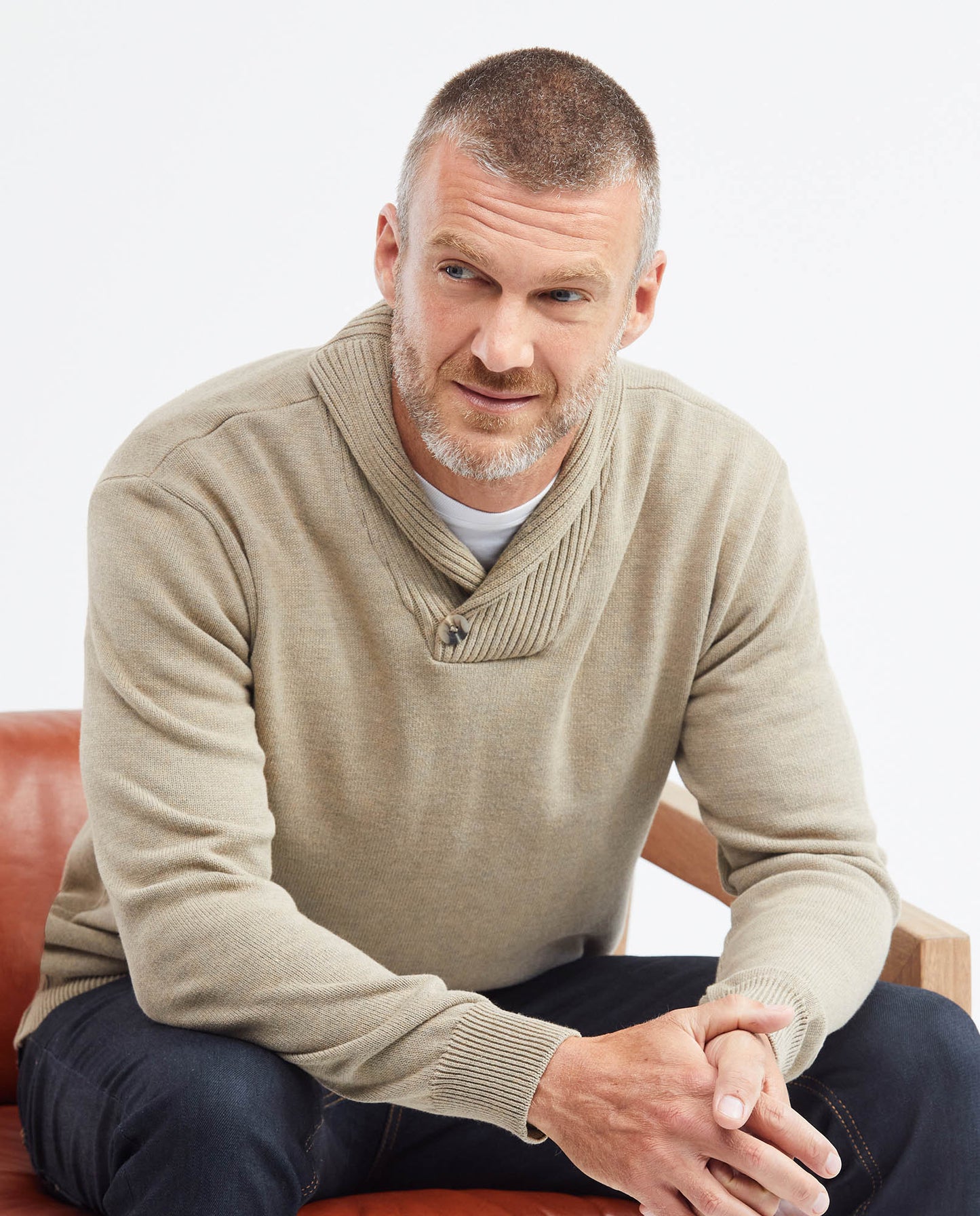 Men's Knit Sweater, Closed Shawl Collar - Melange Fibers - Beige - 6