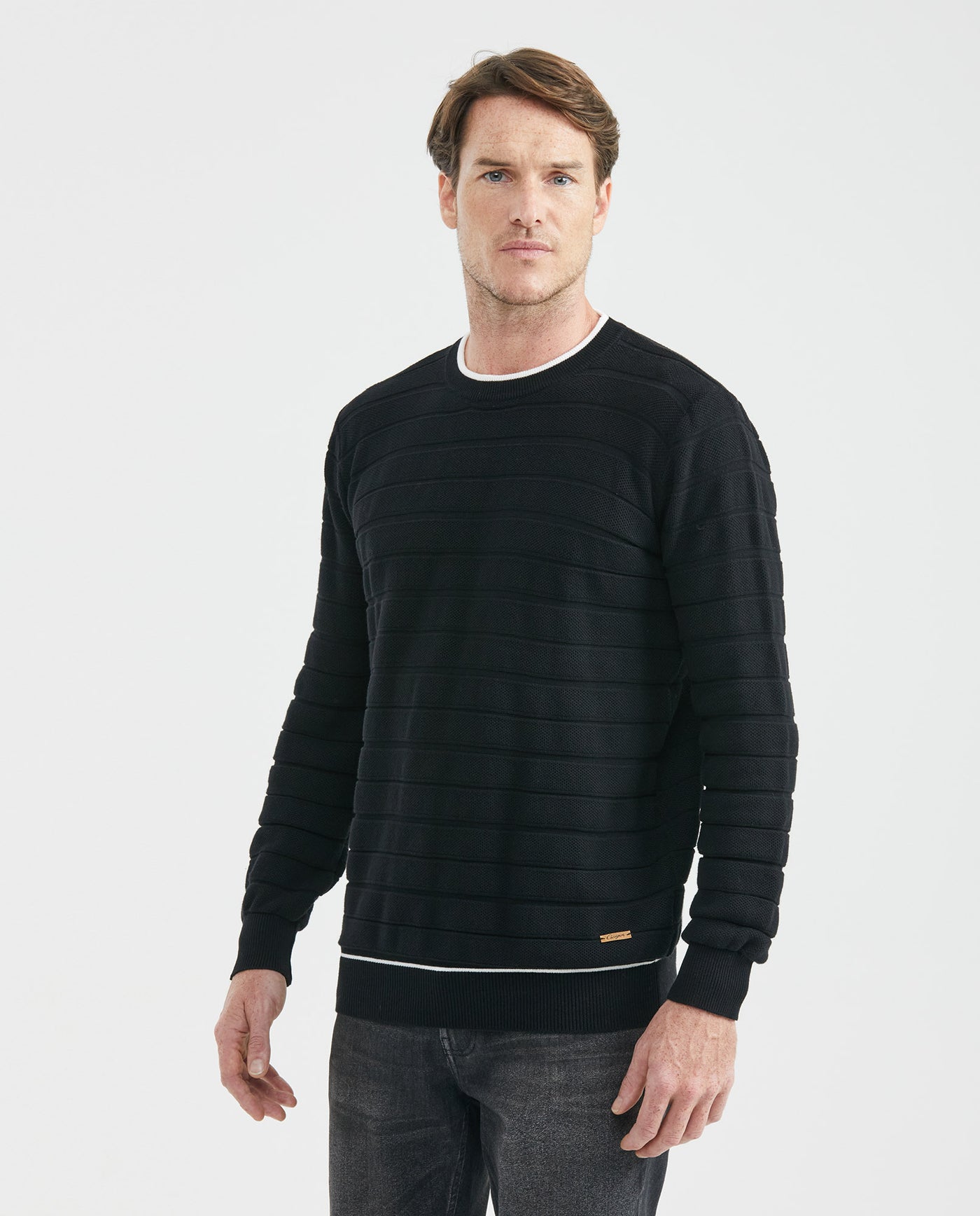 Men's Crew Neck Striped Sweater Mixed Stitch Texture Contrast Details 100% Cotton - 1