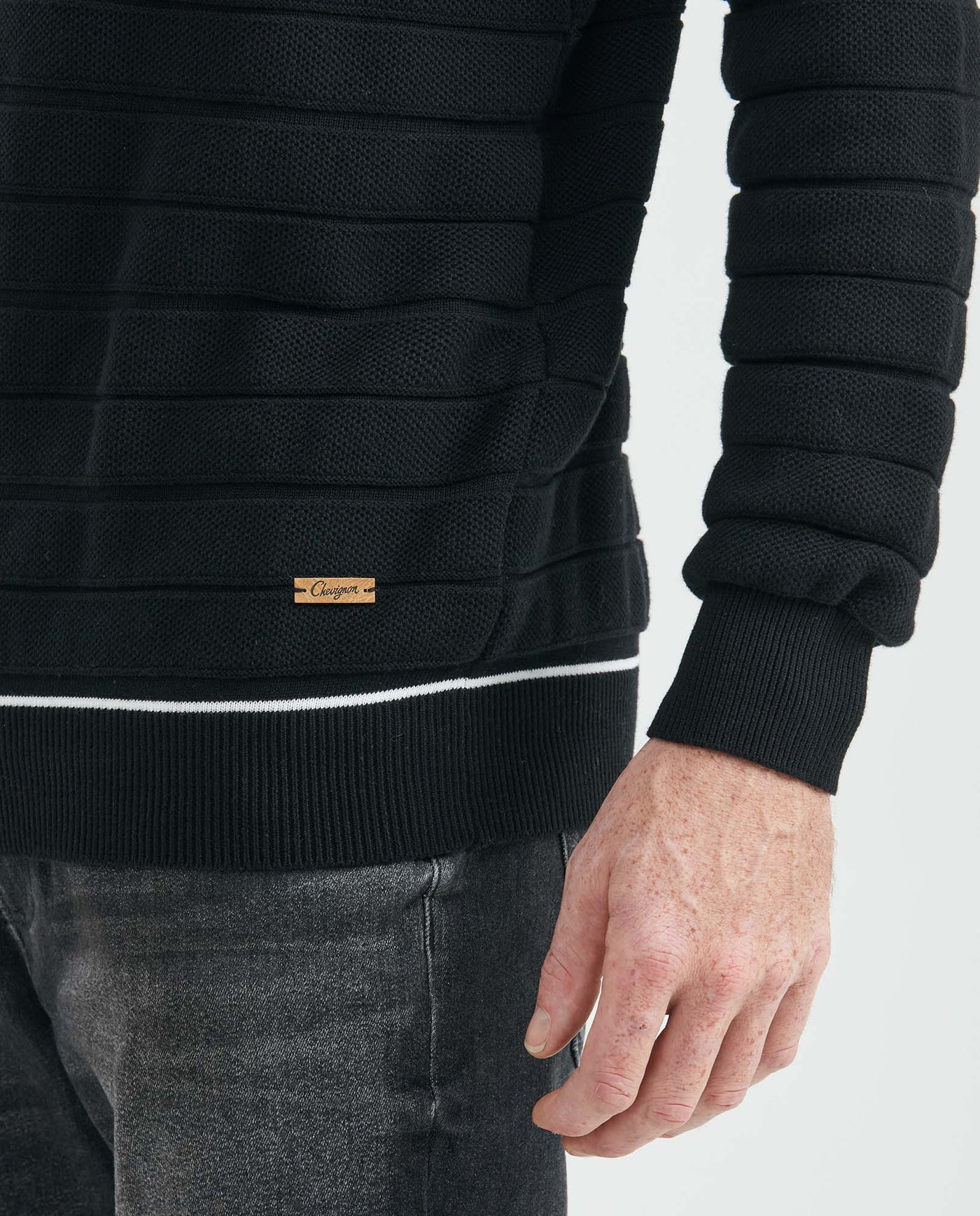 Men's Crew Neck Striped Sweater Mixed Stitch Texture Contrast Details 100% Cotton - 4