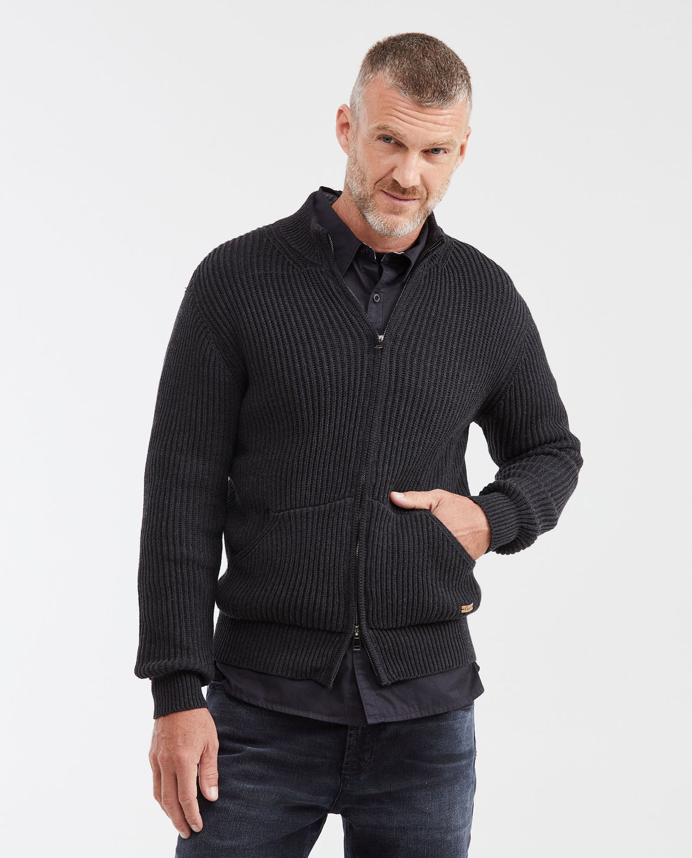Men’s Ribbed Zip-Up Sweater with High Collar in Cotton, Moonlight - 1